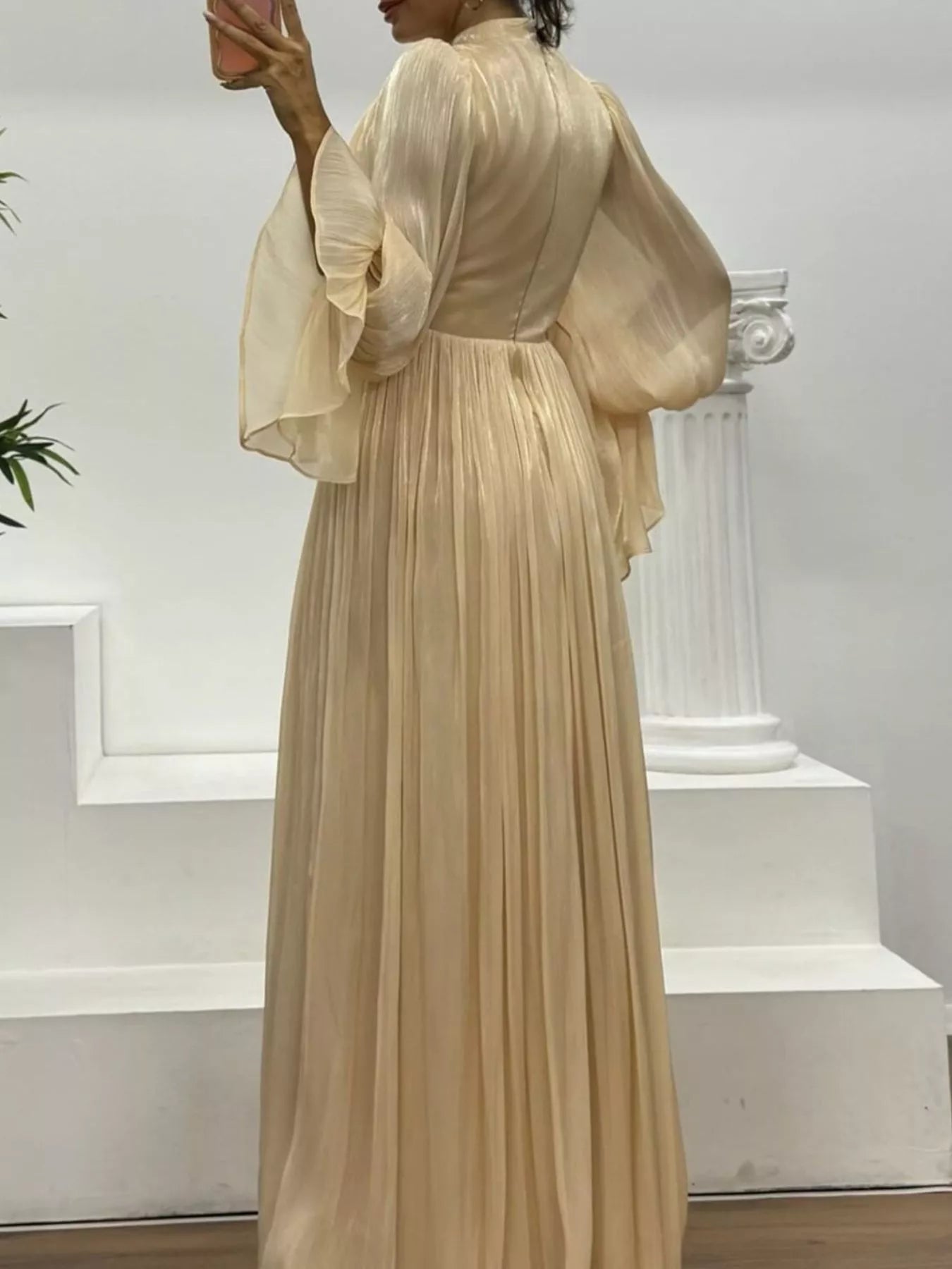 Fashorio Pleated Mock Neck Long Sleeve Maxi Dress