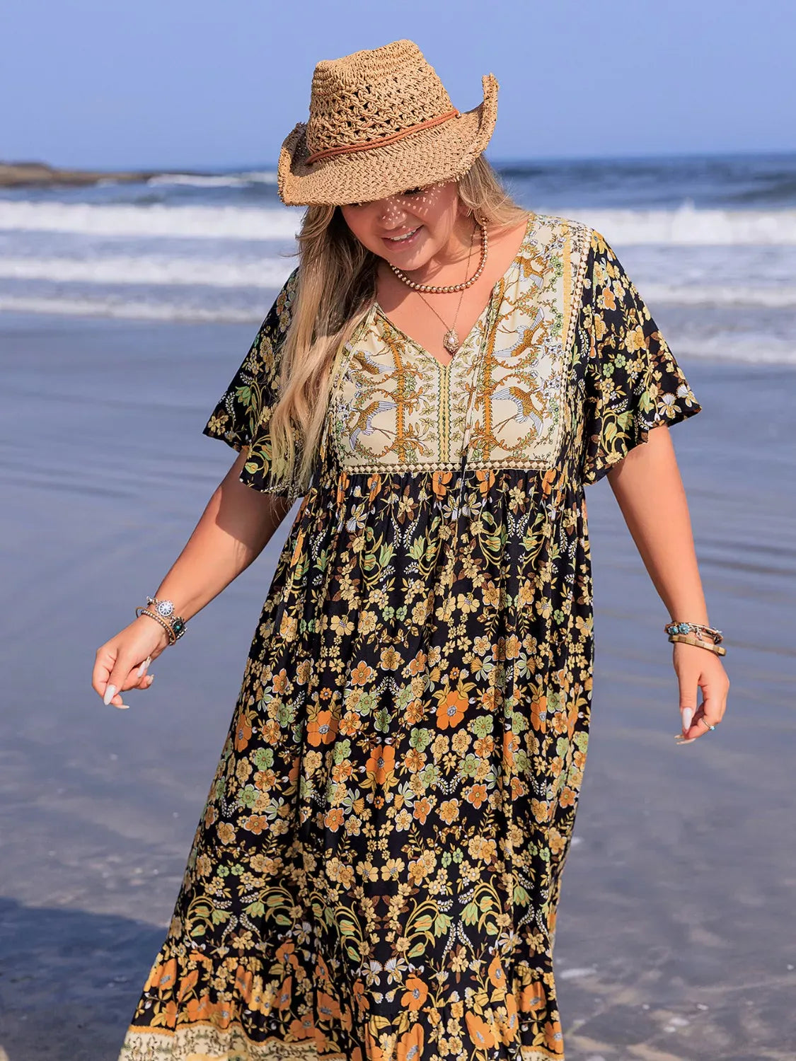 Fashorio Plus Size Bohemian Floral Tiered Maxi Dress