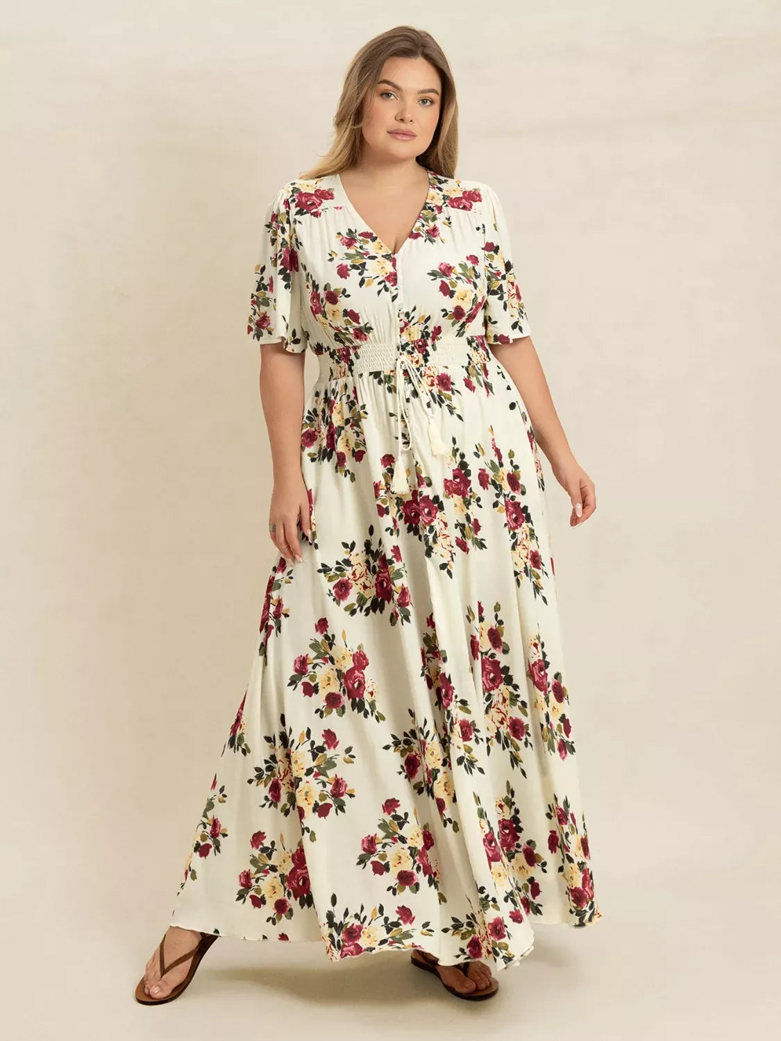 Fashorio Plus Size Floral Flutter Sleeve Maxi Dress with Button Front