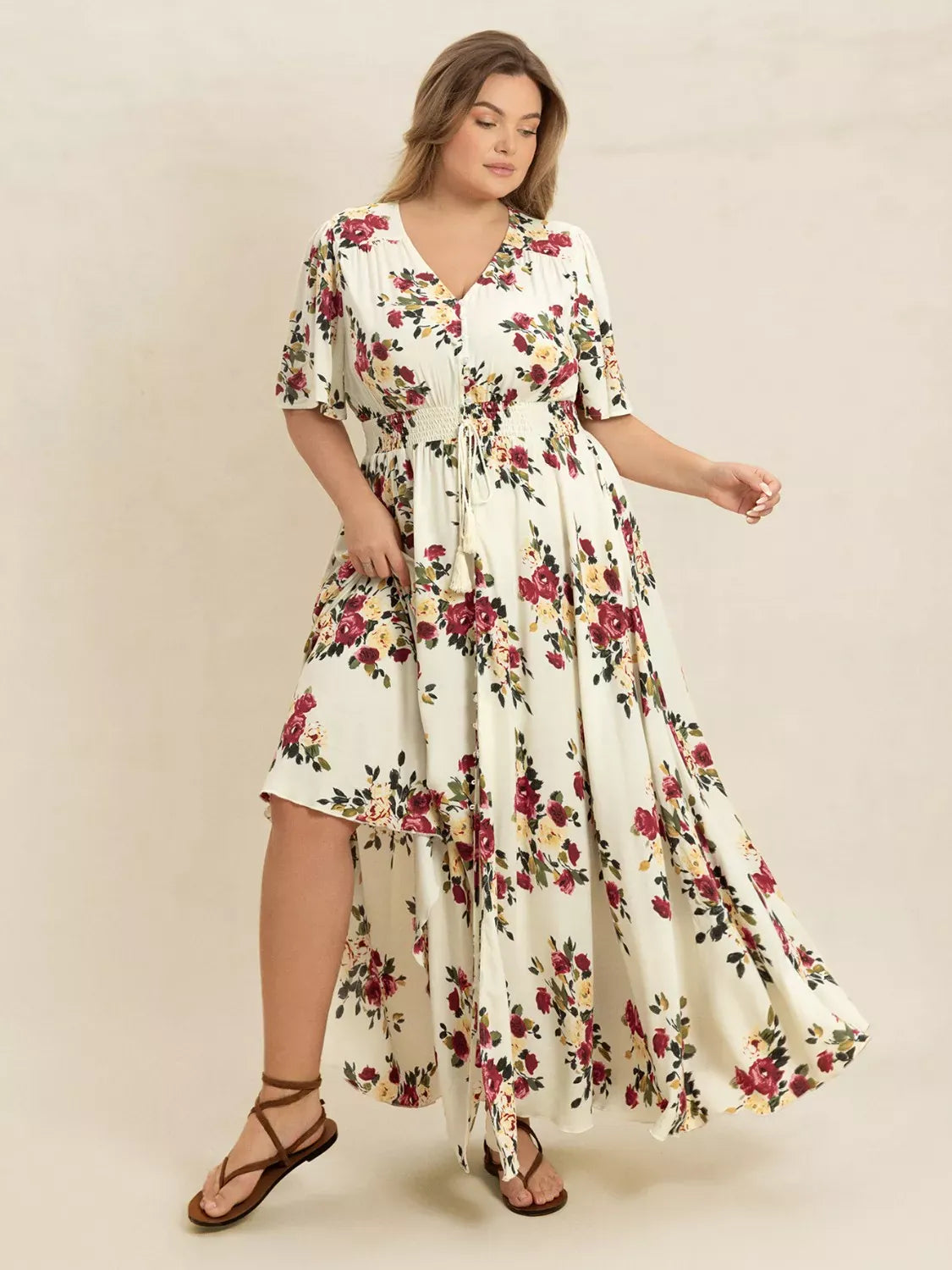 Fashorio Plus Size Floral Flutter Sleeve Maxi Dress with Button Front