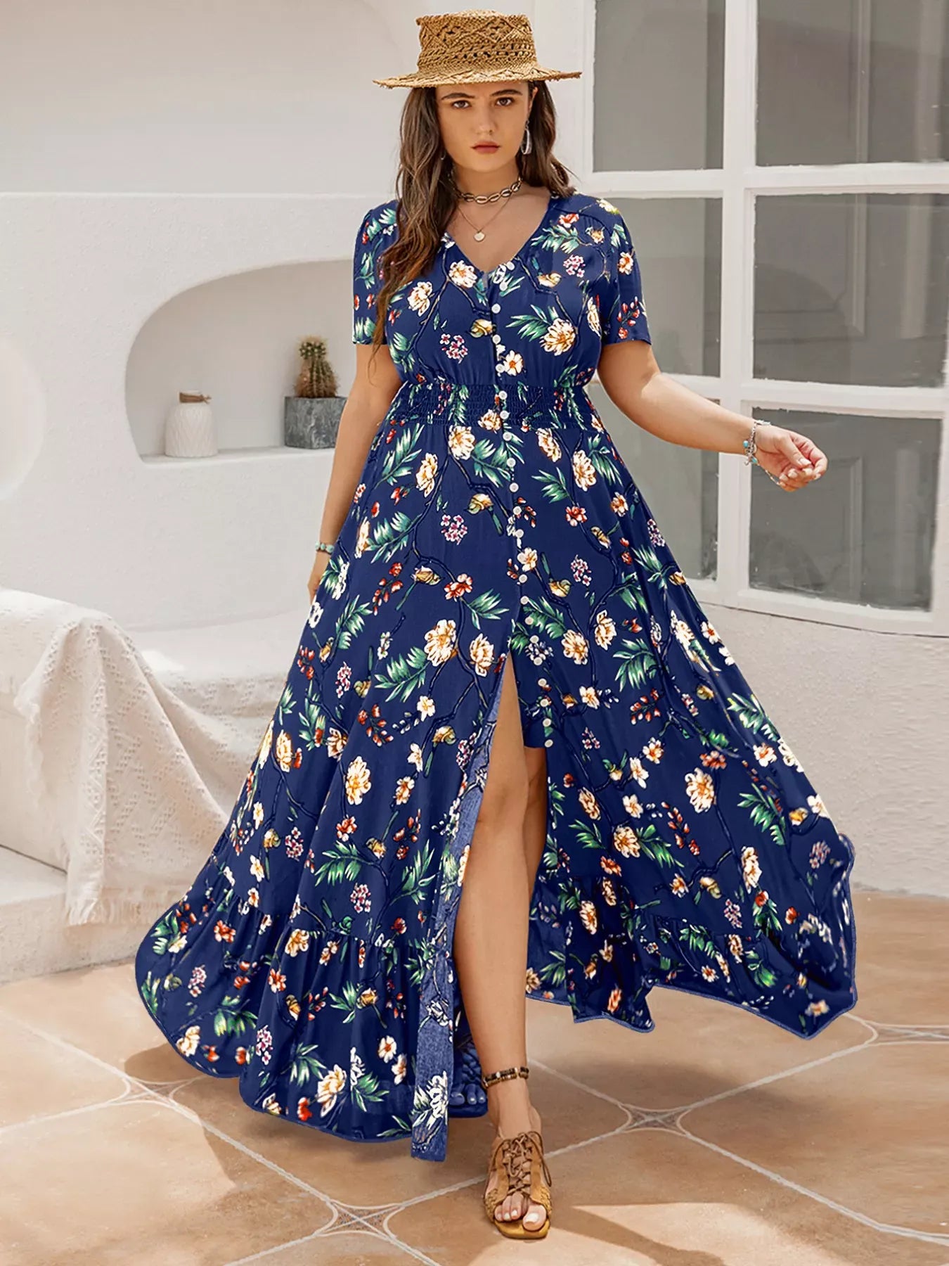 Fashorio Plus Size Floral V-Neck Short Sleeve Maxi Dress