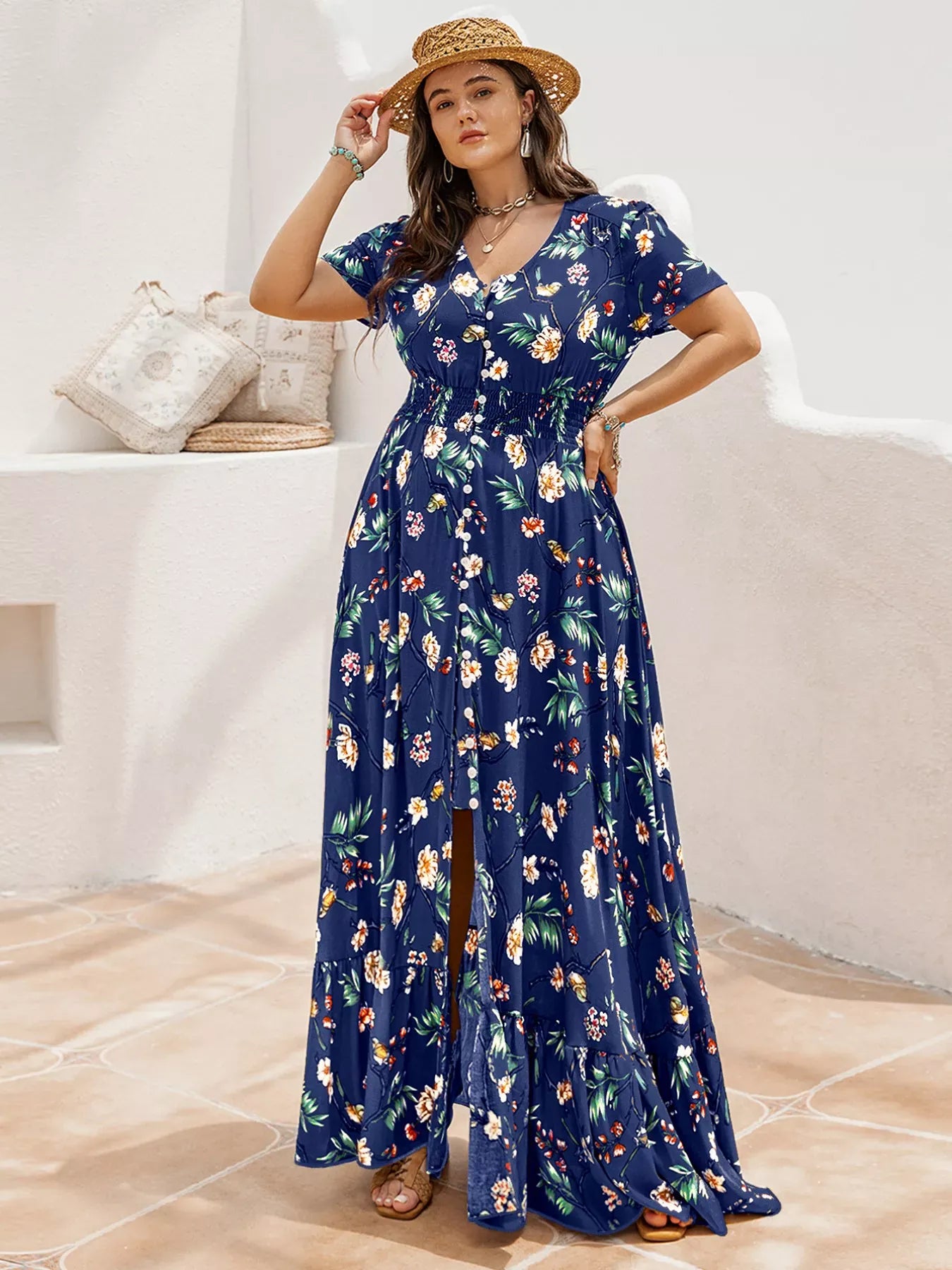 Fashorio Plus Size Floral V-Neck Short Sleeve Maxi Dress