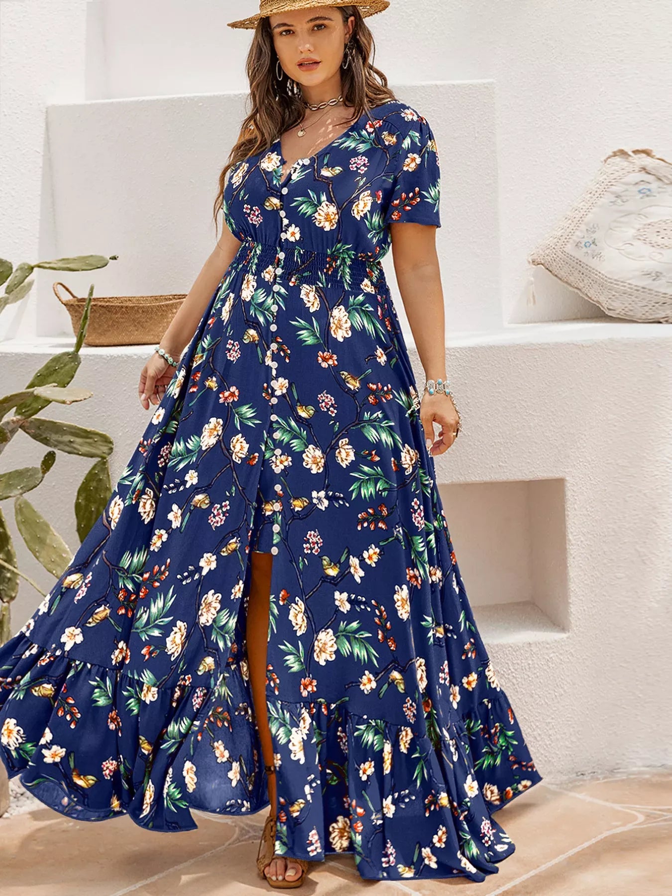 Fashorio Plus Size Floral V-Neck Short Sleeve Maxi Dress