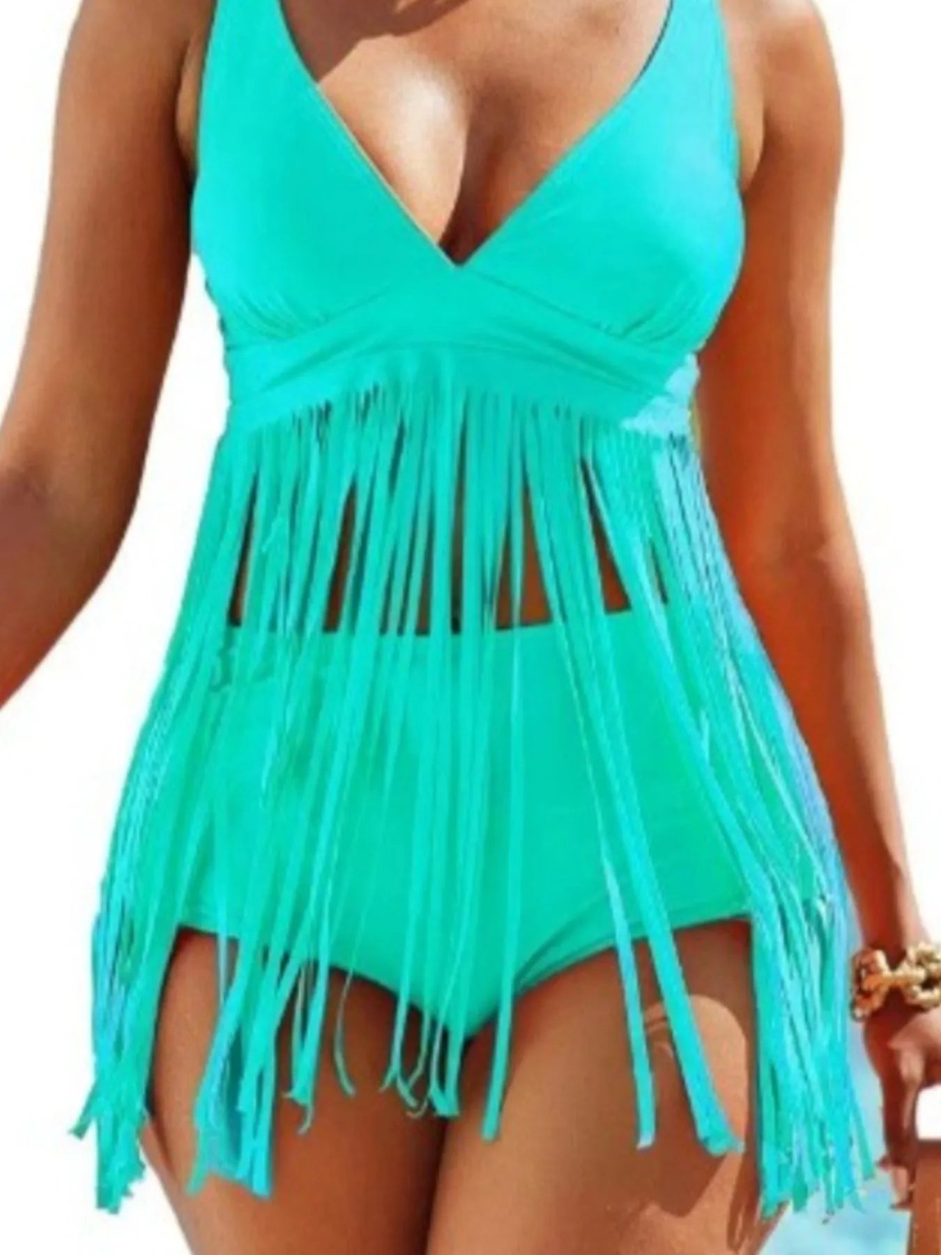 Fashorio Plus Size Fringe V-Neck Tankini Swim Set