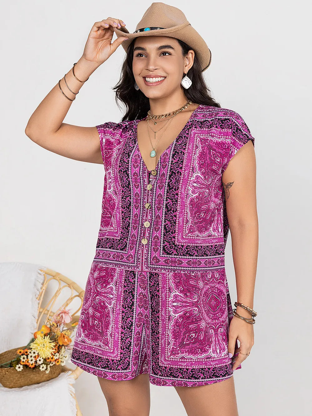 Fashorio Plus Size Printed V-Neck Cap Sleeve Romper