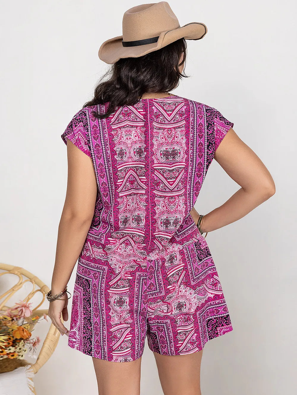 Fashorio Plus Size Printed V-Neck Cap Sleeve Romper