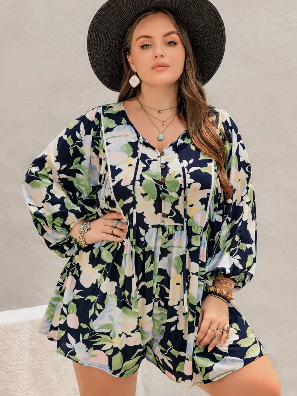 Fashorio Plus Size Tied Printed Long Sleeve Romper