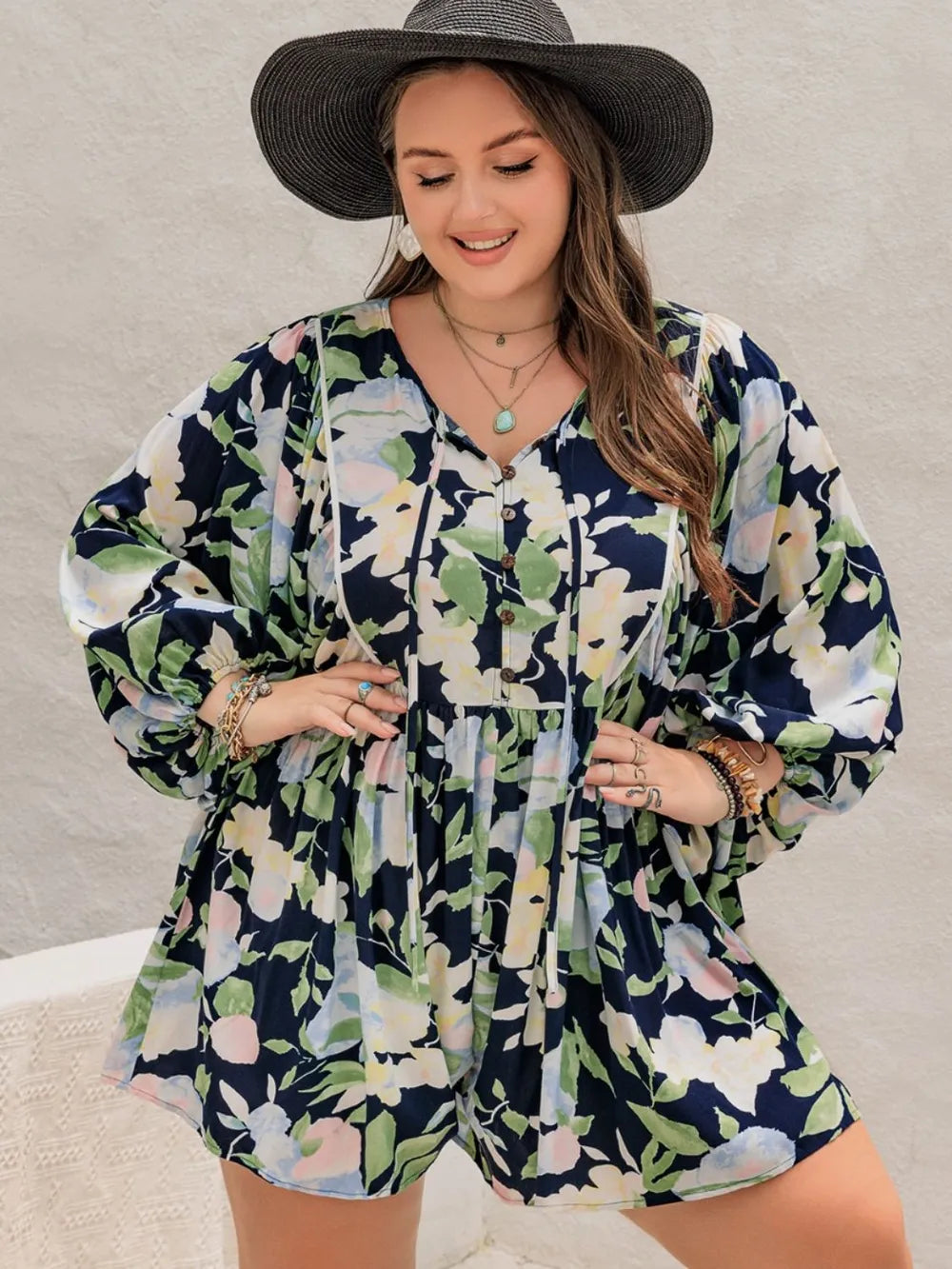 Fashorio Plus Size Tied Printed Long Sleeve Romper