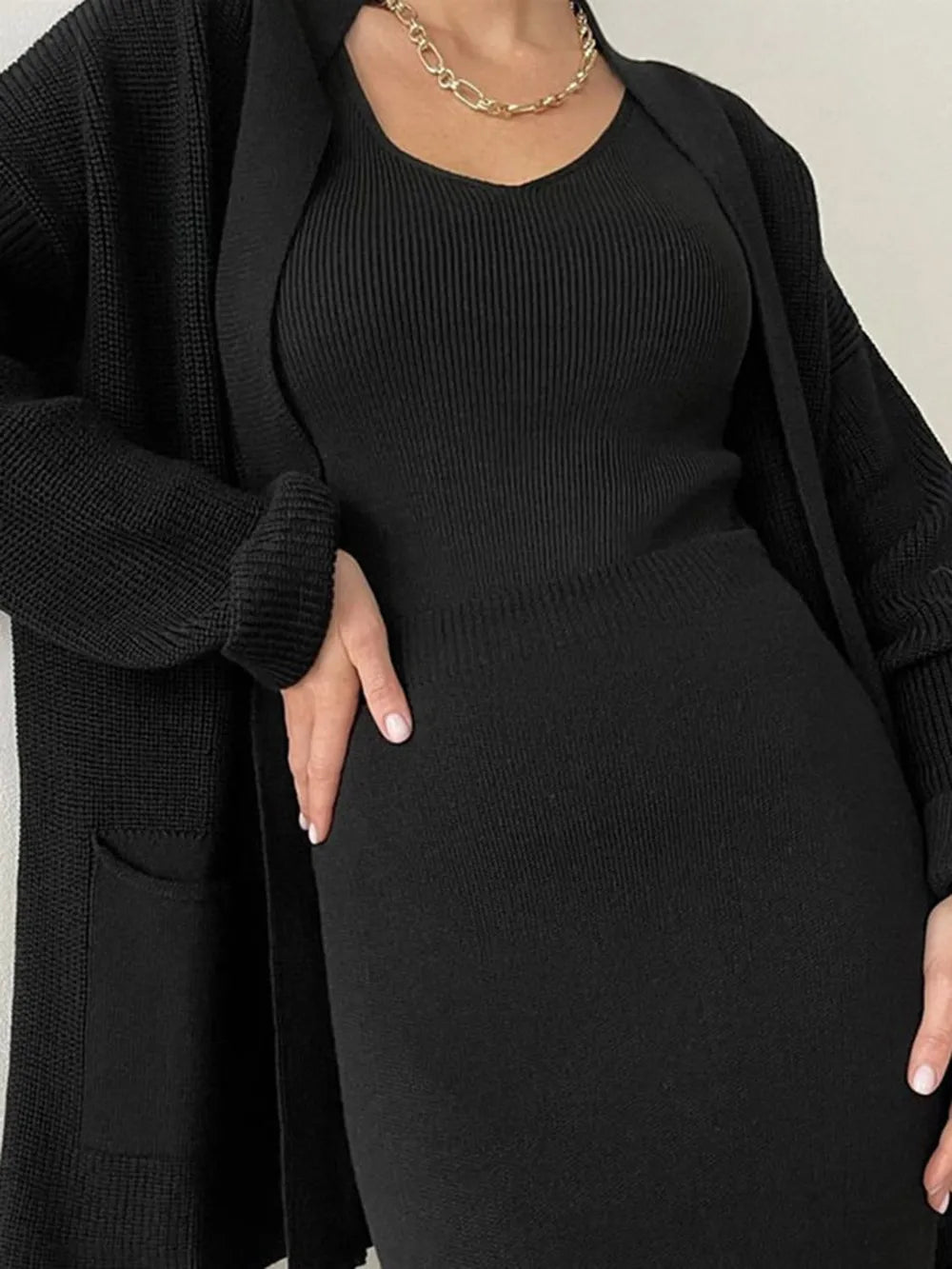 Fashorio Pocketed Long Sleeve Cardigan and Skirt Sweater Set
