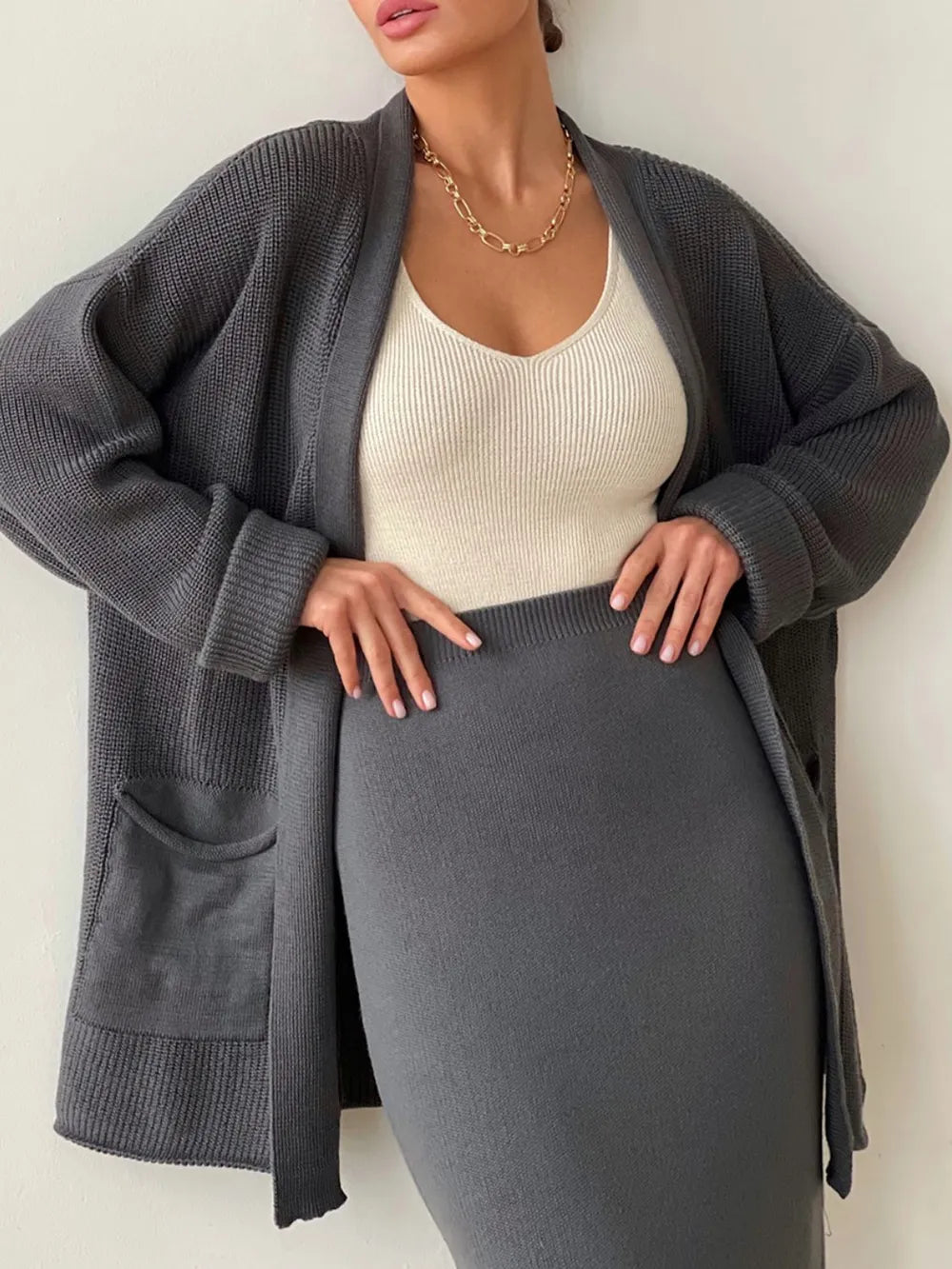 Fashorio Pocketed Long Sleeve Cardigan and Skirt Sweater Set