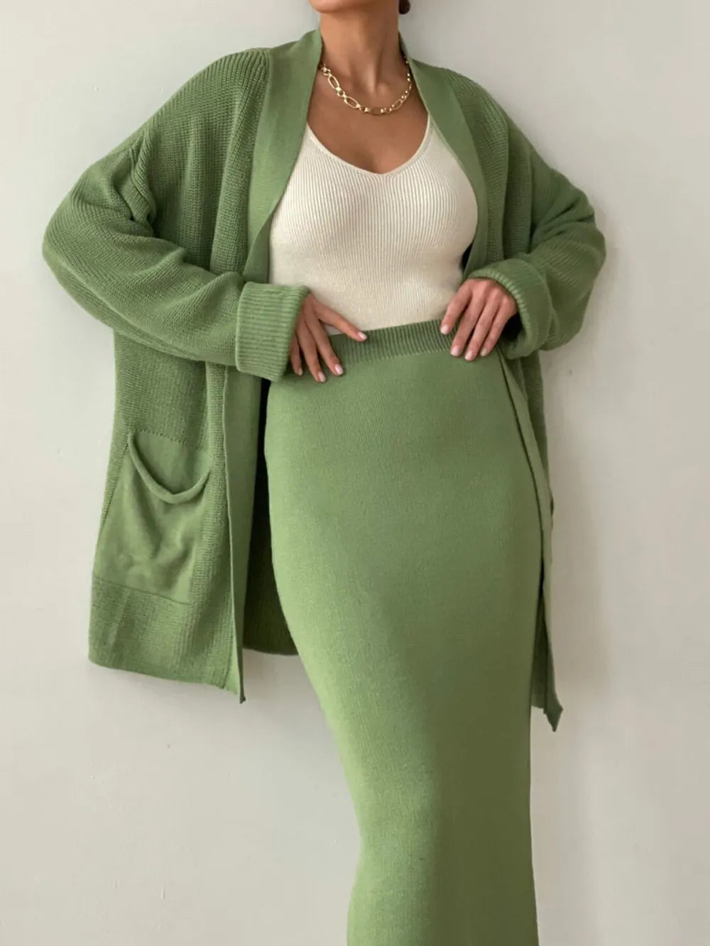 Fashorio Pocketed Long Sleeve Cardigan and Skirt Sweater Set