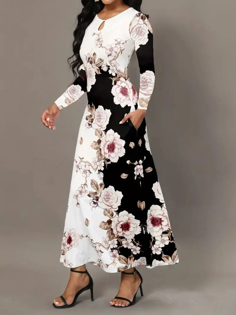 Fashorio Pocketed Printed Long Sleeve Dress