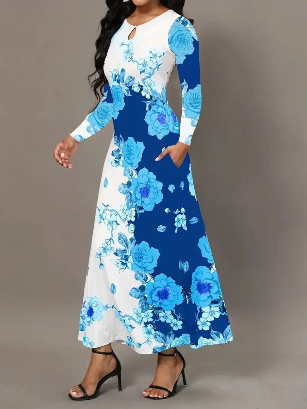 Fashorio Pocketed Printed Long Sleeve Dress