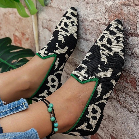 Point Toe Animal Print Knit Slip-On Loafers with Contrast Trim - Fashorio