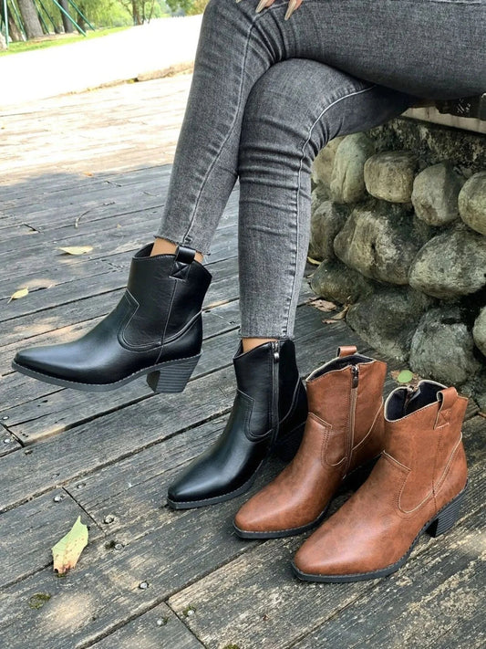 Point Toe Block Heels Boots - Fashorio