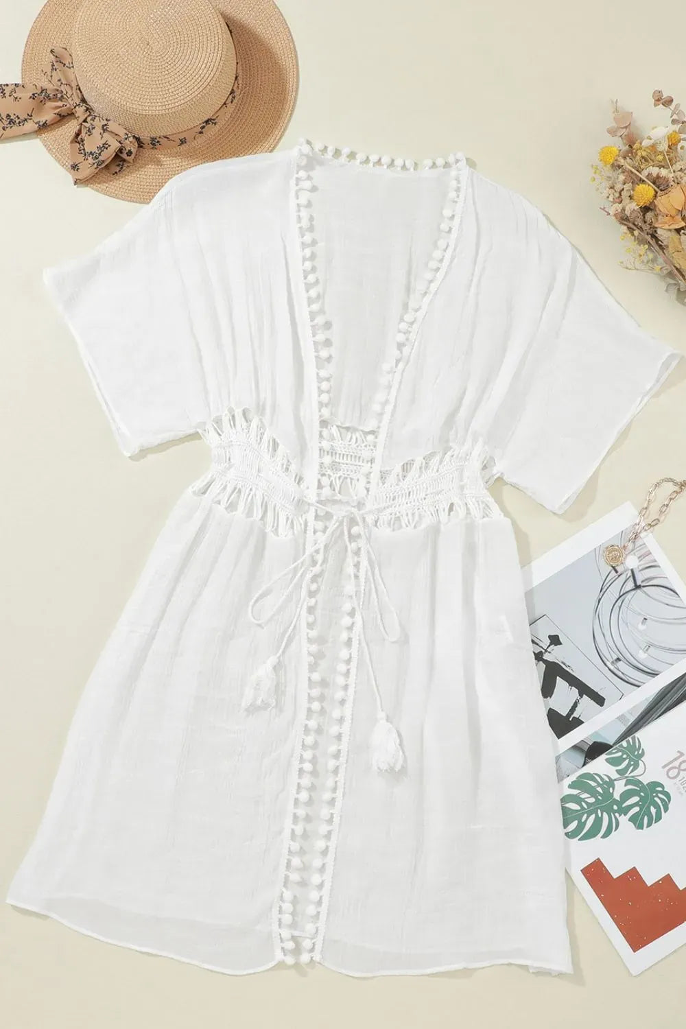 Fashorio Pom Pom Trim Drawstring Waist Cover-Up