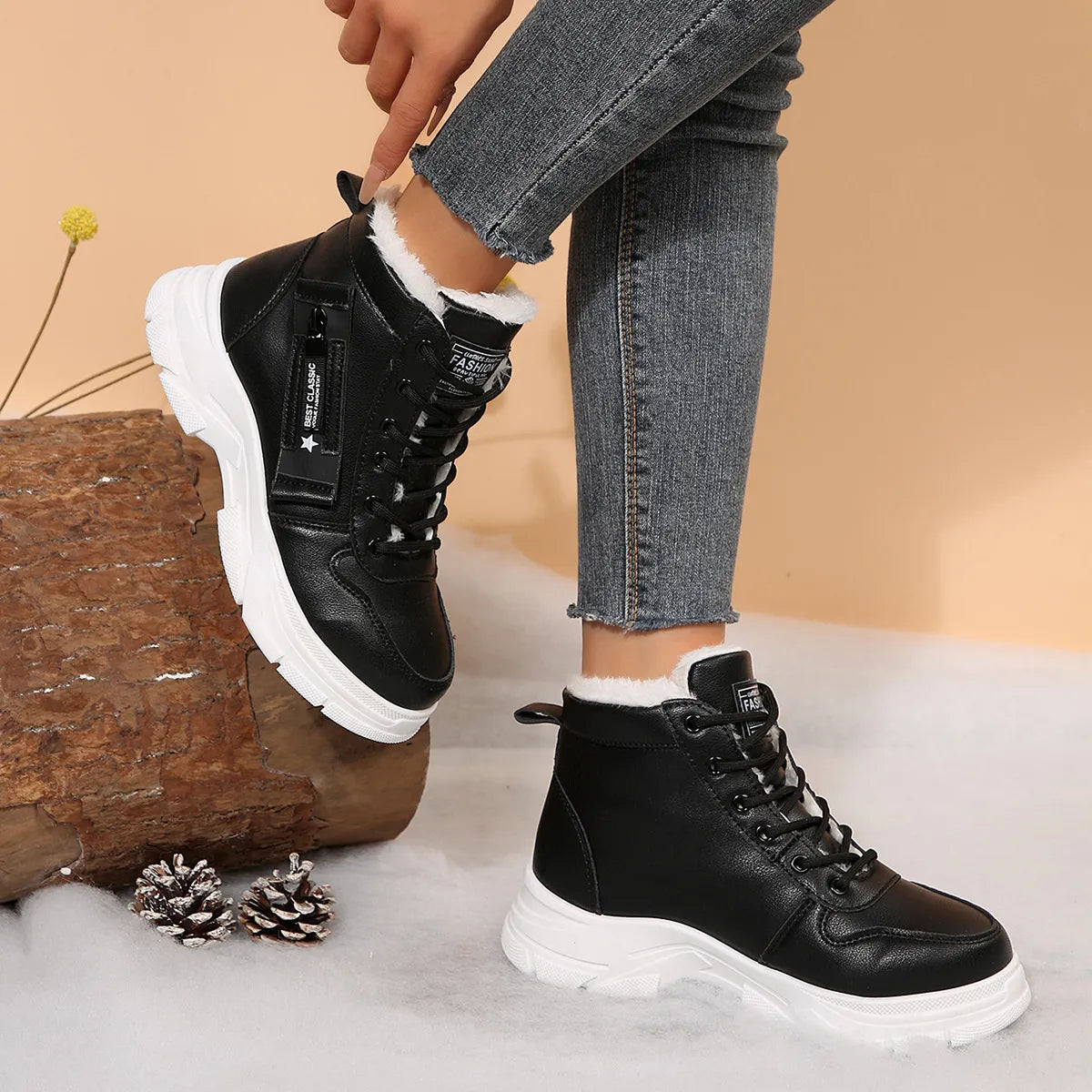 Fashorio Premium Lace-Up Combat Boots with Fleece Line