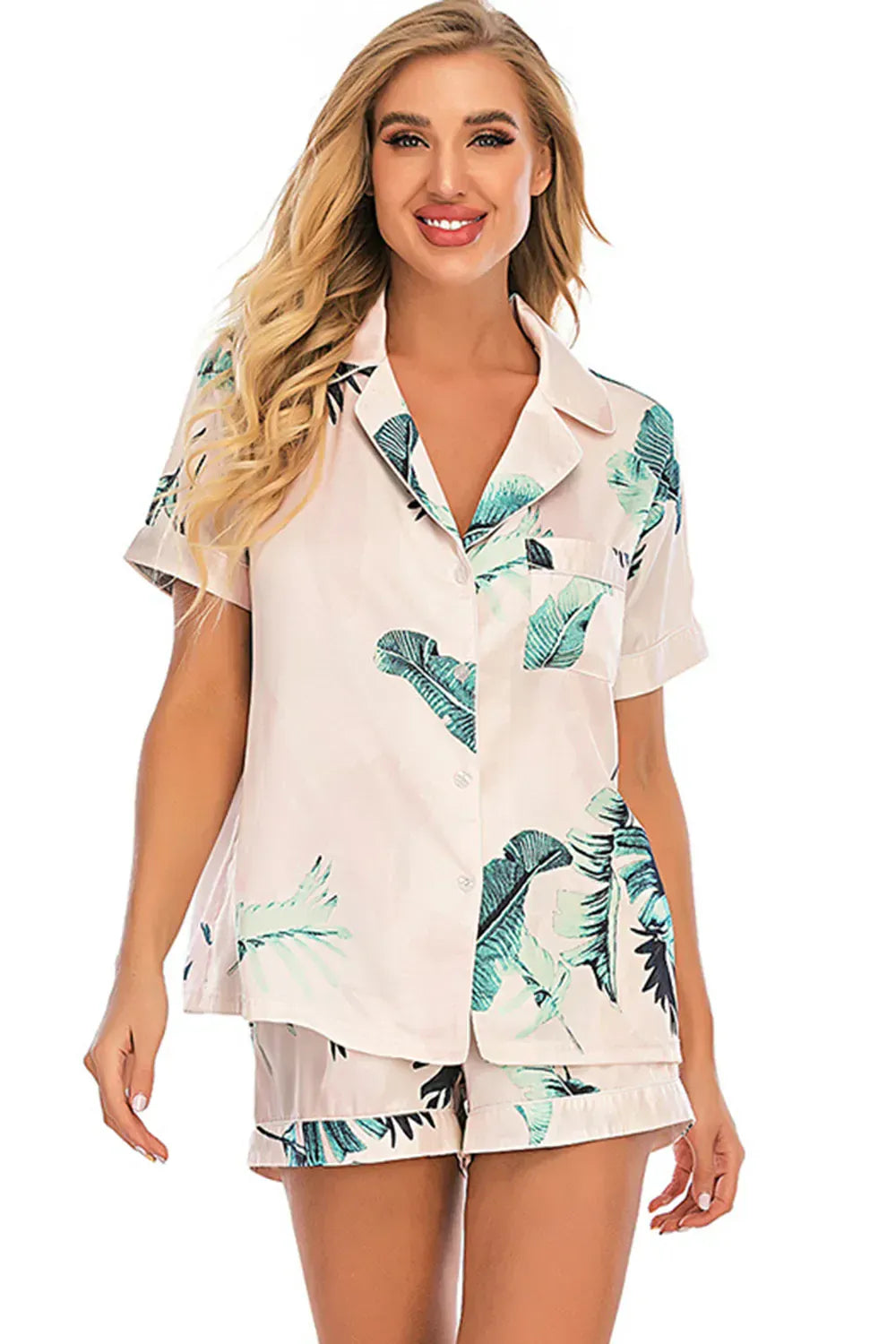 Fashorio Printed Button Up Short Sleeve Top and Shorts Lounge Set