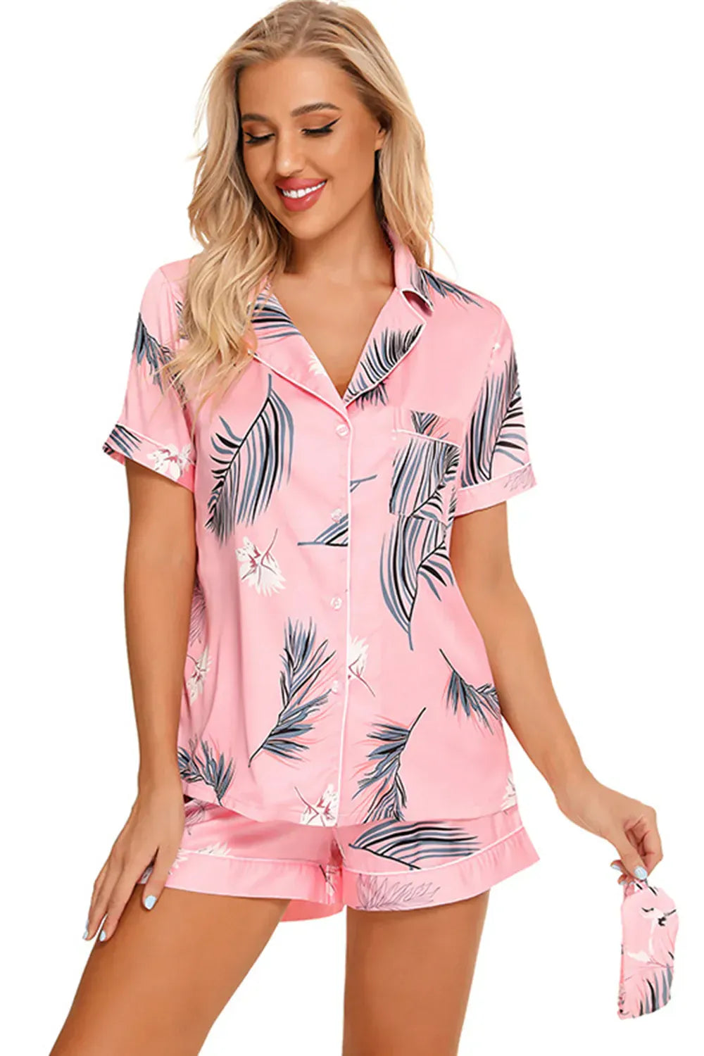 Fashorio Printed Button Up Short Sleeve Top and Shorts Lounge Set