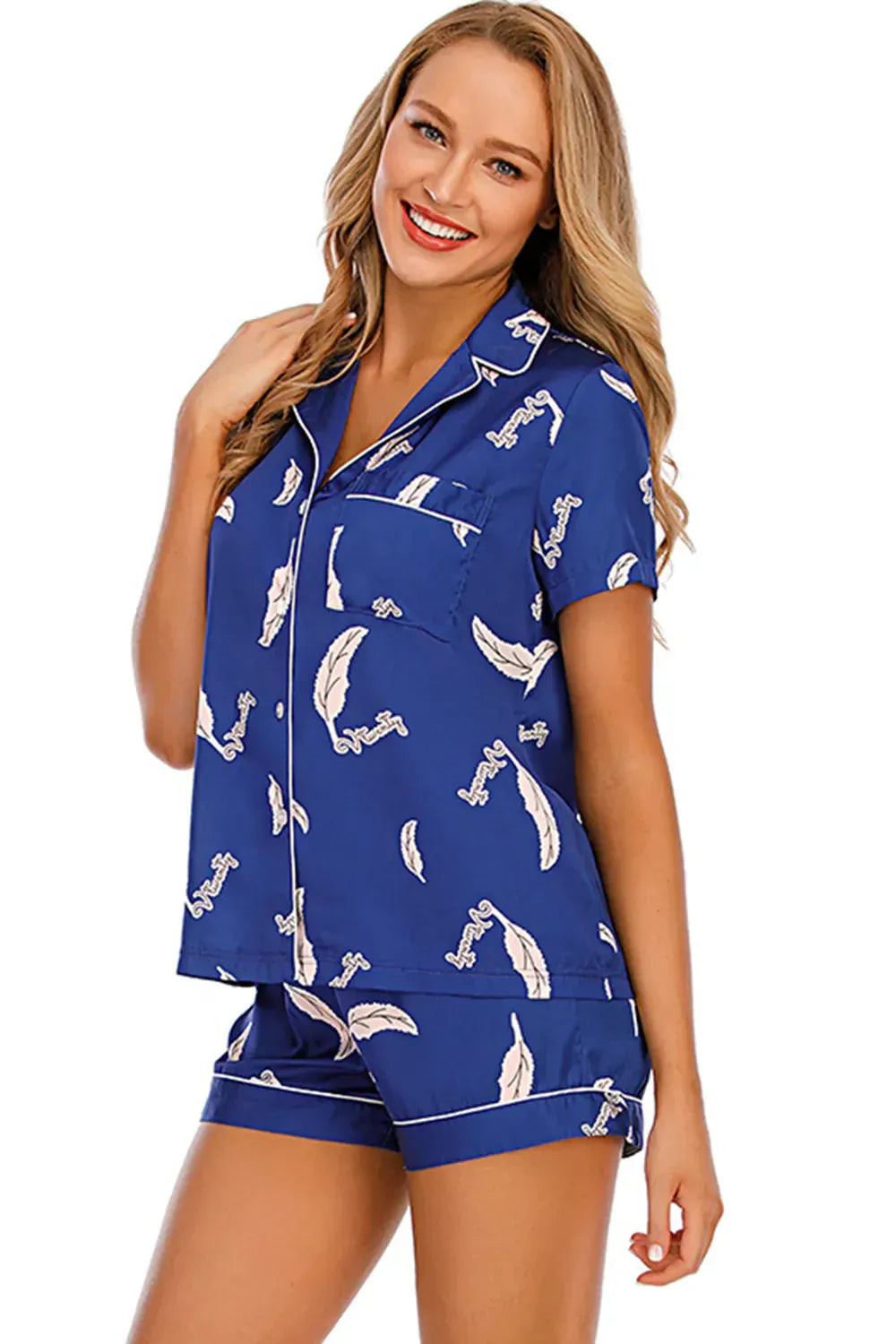 Fashorio Printed Button Up Short Sleeve Top and Shorts Lounge Set