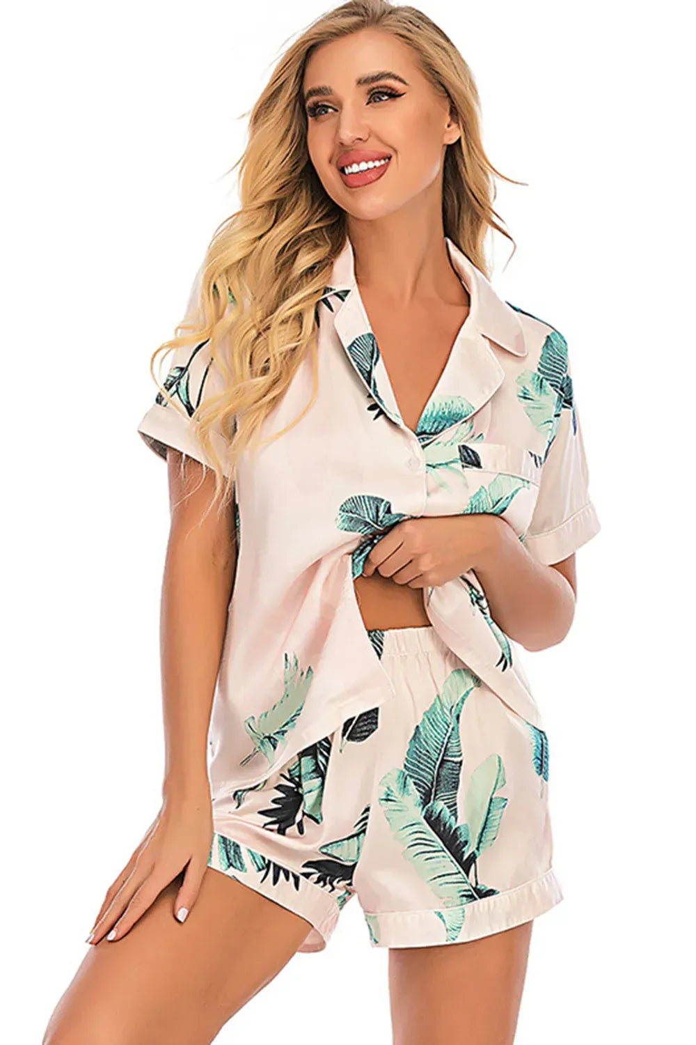 Fashorio Printed Button Up Short Sleeve Top and Shorts Lounge Set