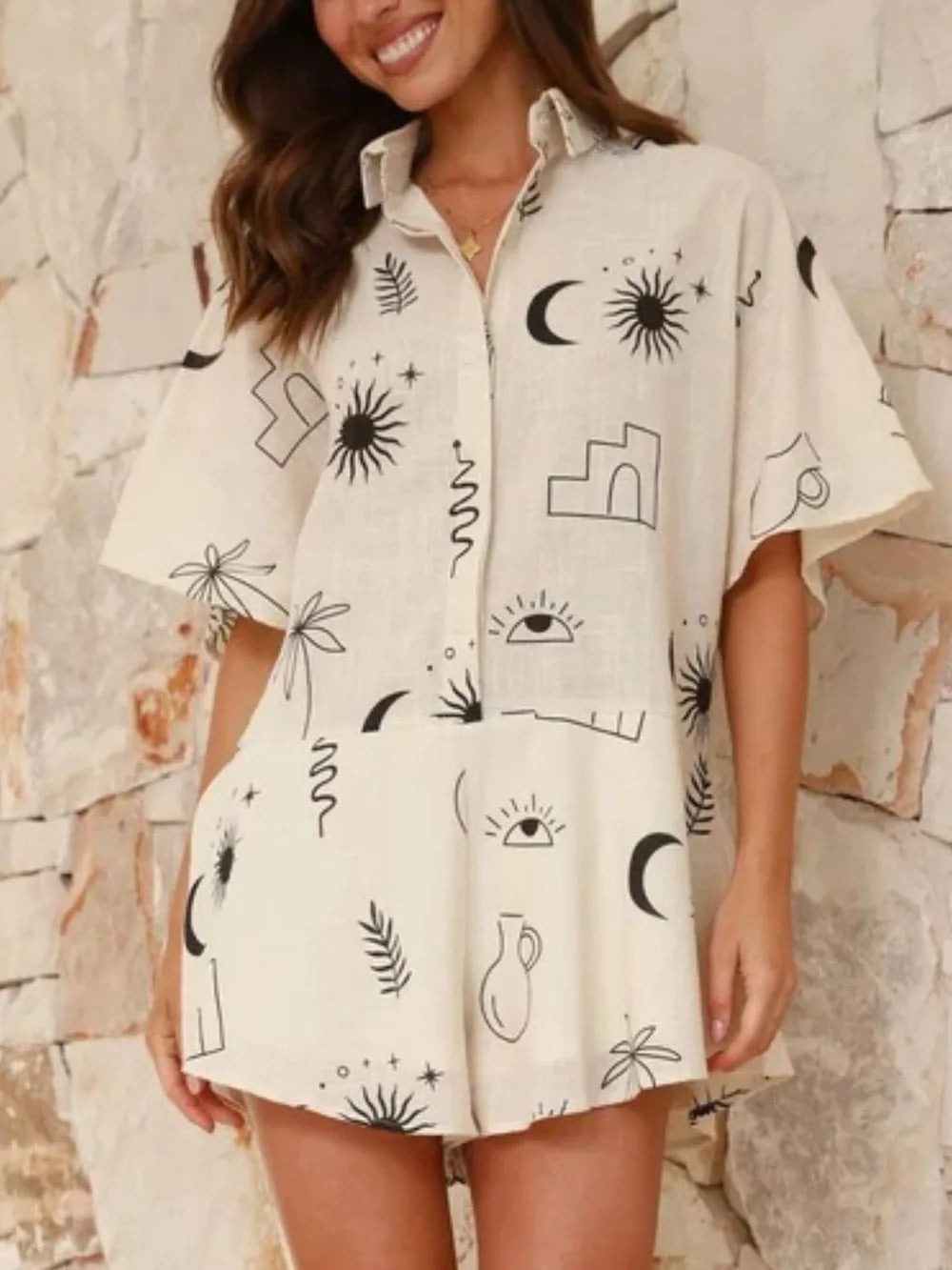 Fashorio Printed Collared Neck Half Sleeve Romper