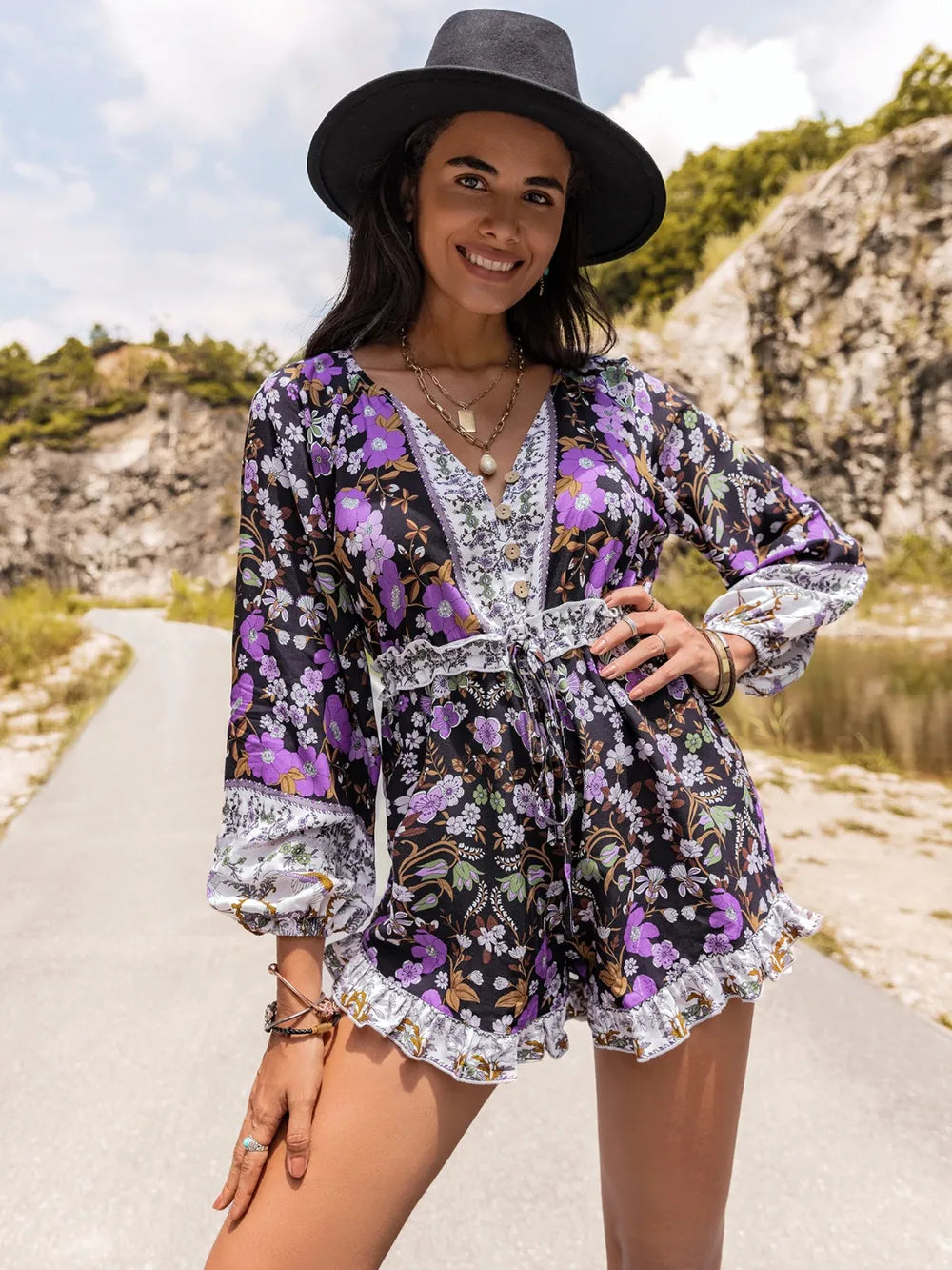 Fashorio Printed Frill Half Button Balloon Sleeve Romper