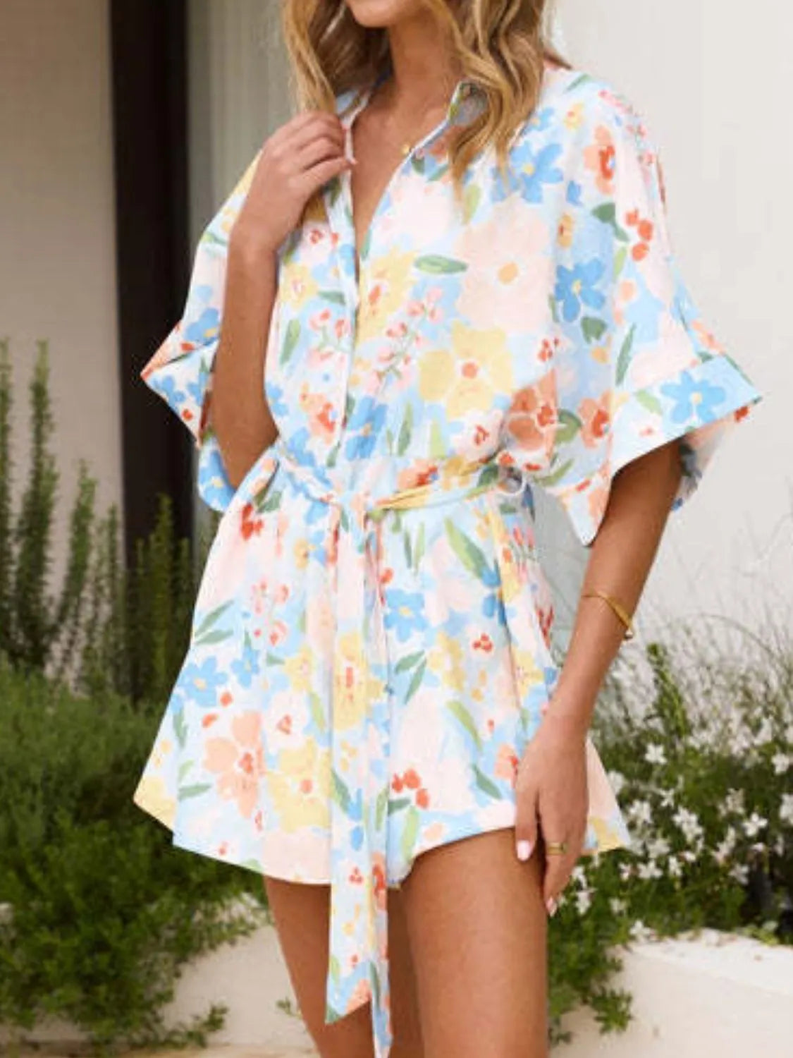 Fashorio Printed Half Sleeve Tie Waist Romper