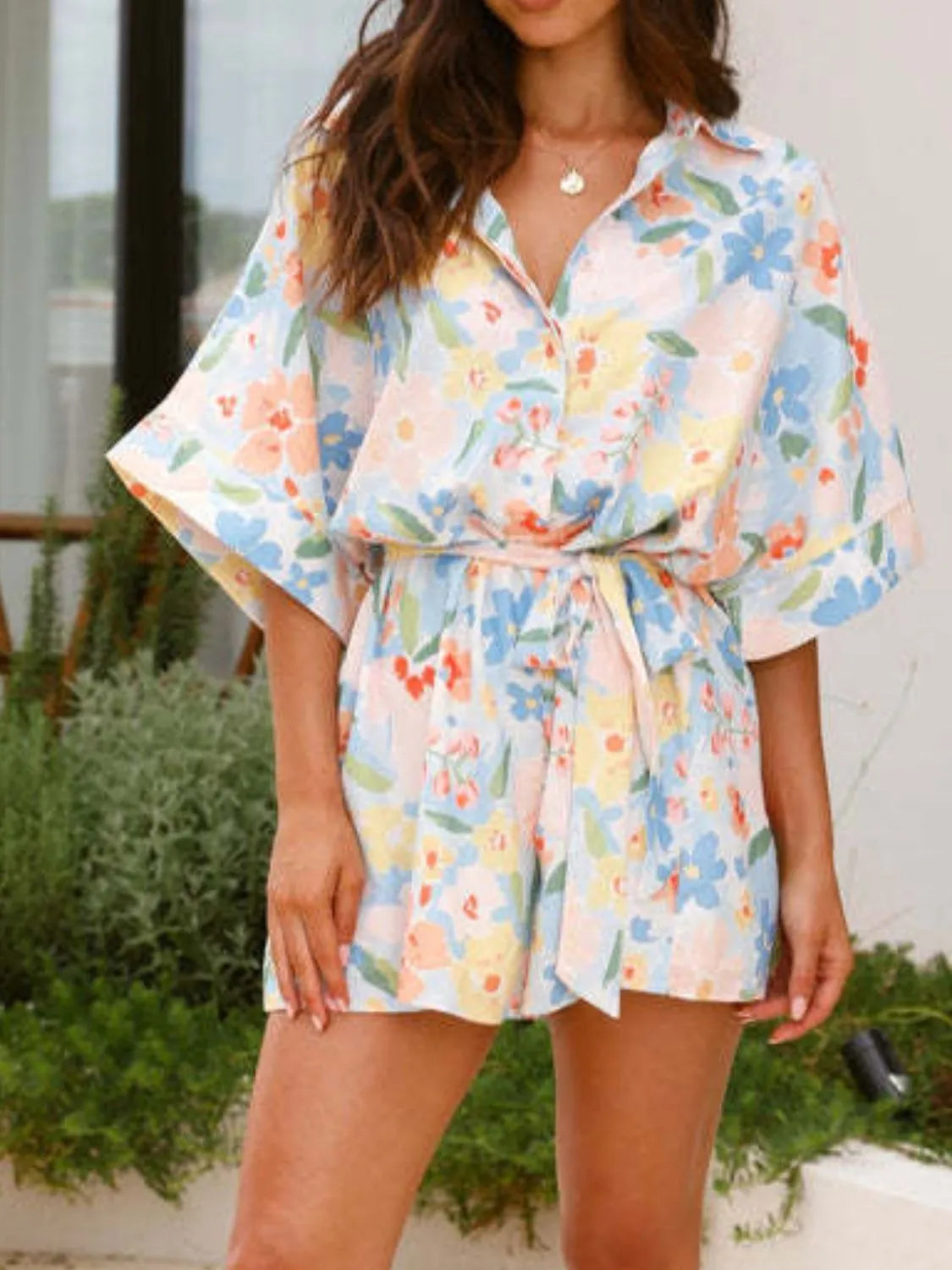 Fashorio Printed Half Sleeve Tie Waist Romper