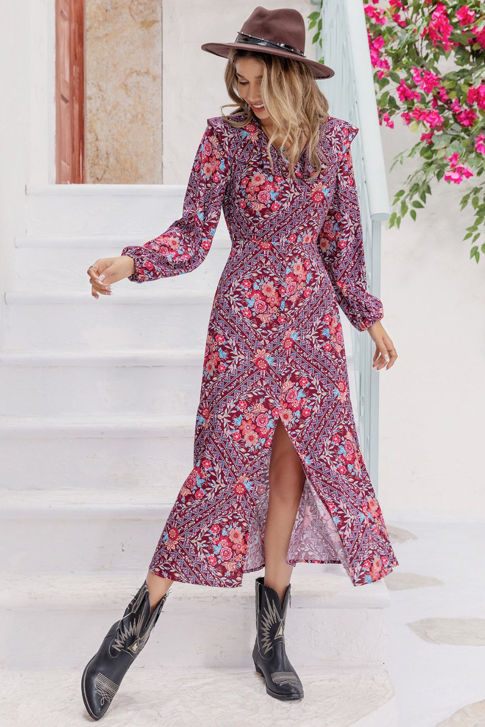 Fashorio Printed Long Sleeve Slit Midi Dress