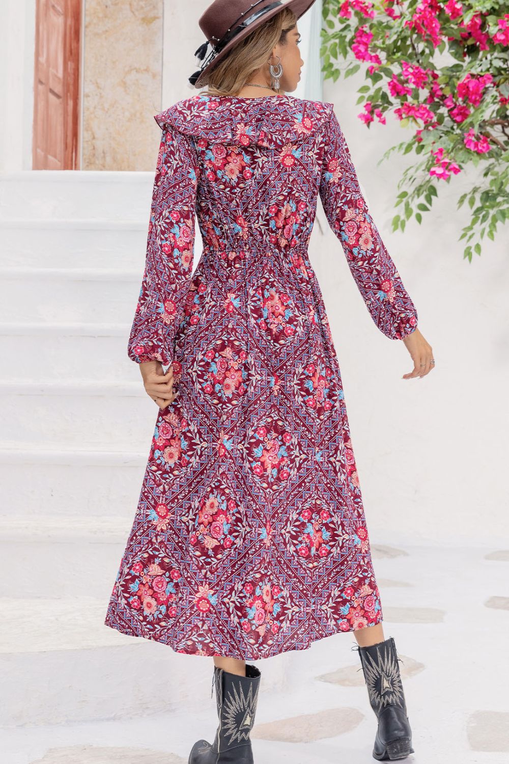 Fashorio Printed Long Sleeve Slit Midi Dress