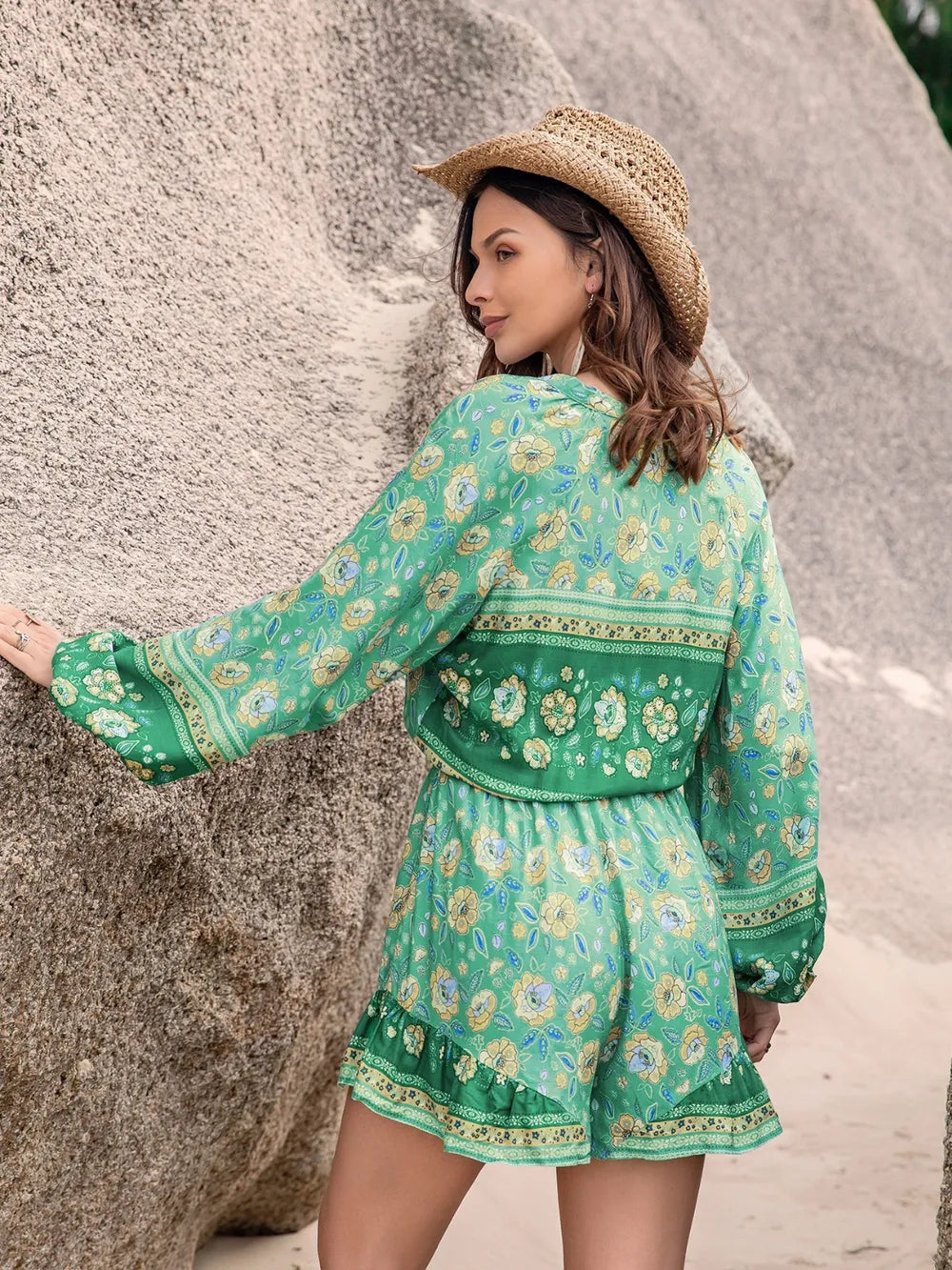 Fashorio Printed Ruffled Balloon Sleeve Romper