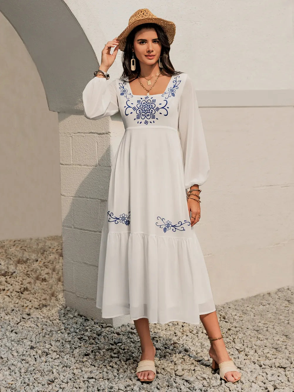 Fashorio Printed Square Neck Balloon Sleeve Dress