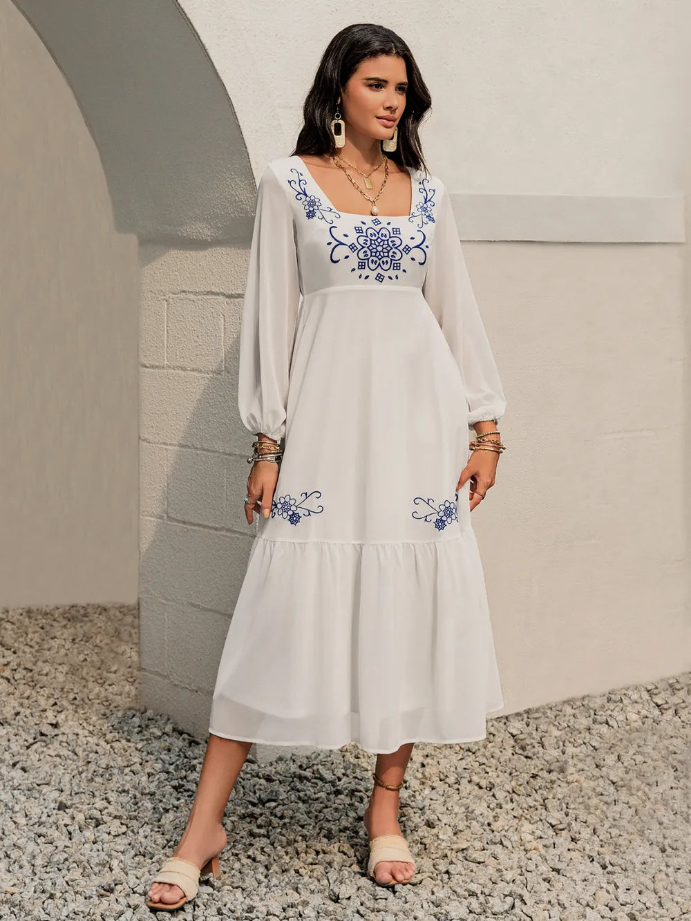 Fashorio Printed Square Neck Balloon Sleeve Dress