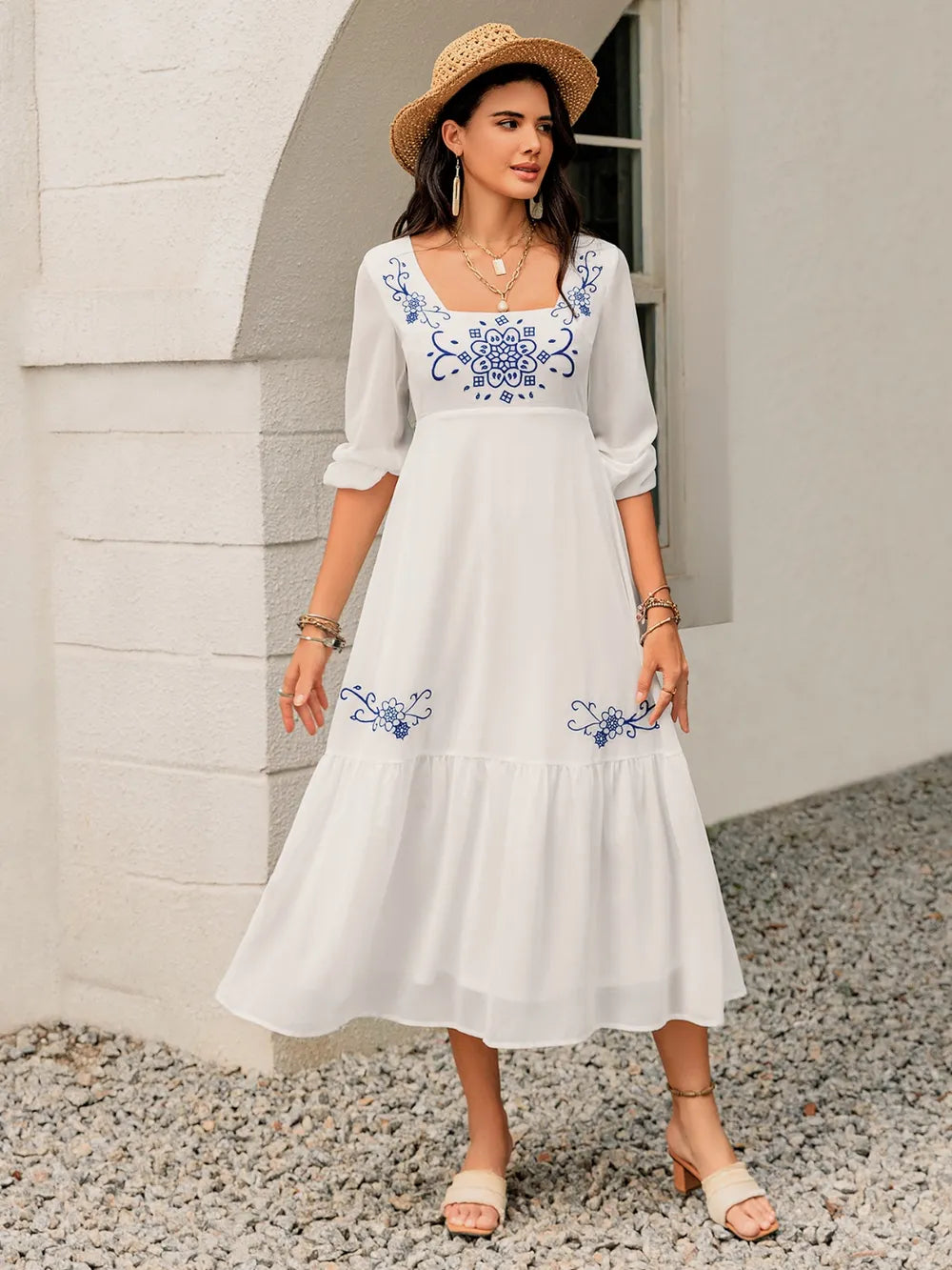 Fashorio Printed Square Neck Balloon Sleeve Dress