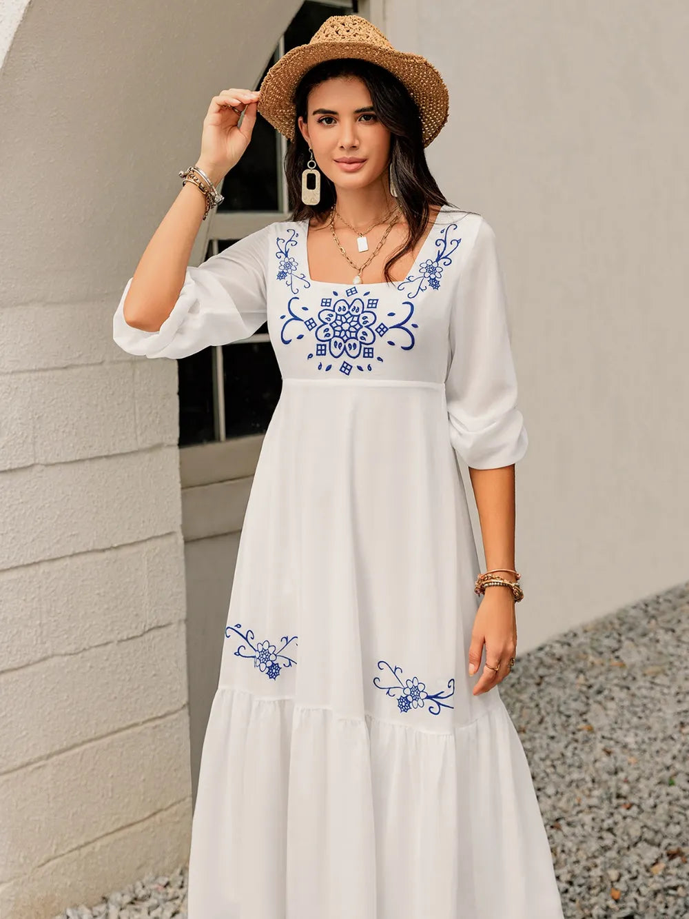 Fashorio Printed Square Neck Balloon Sleeve Dress