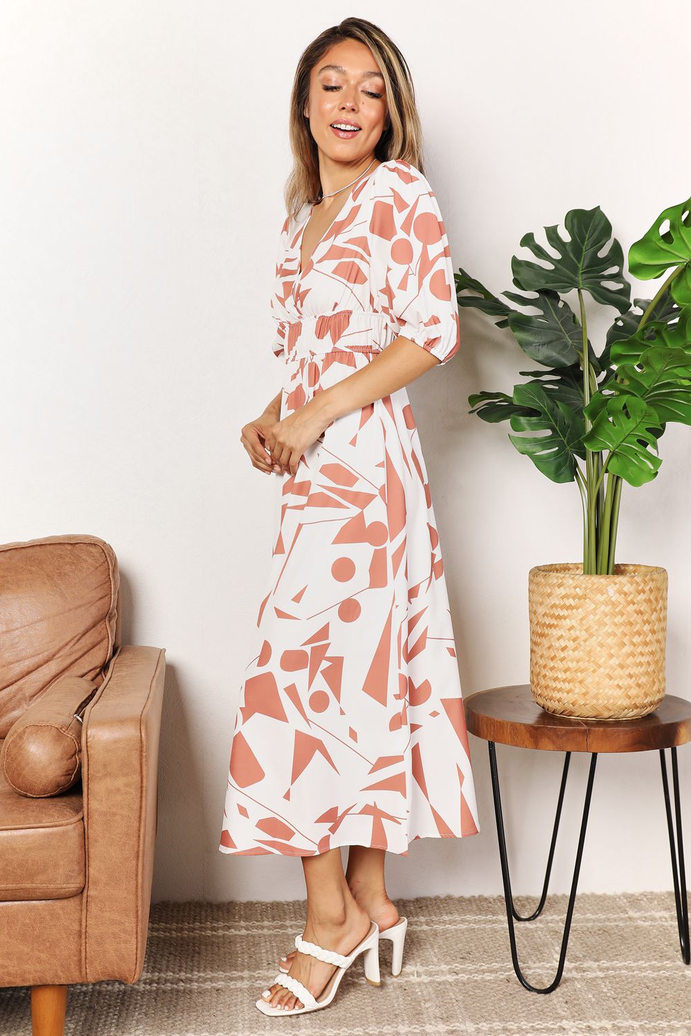 Fashorio Printed Surplice Balloon Sleeve Dress