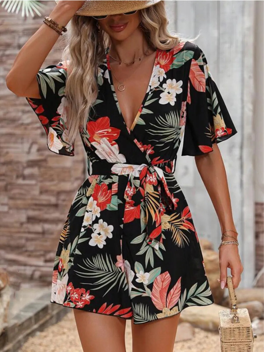 Fashorio Printed Surplice Half Sleeve Tie Waist Romper