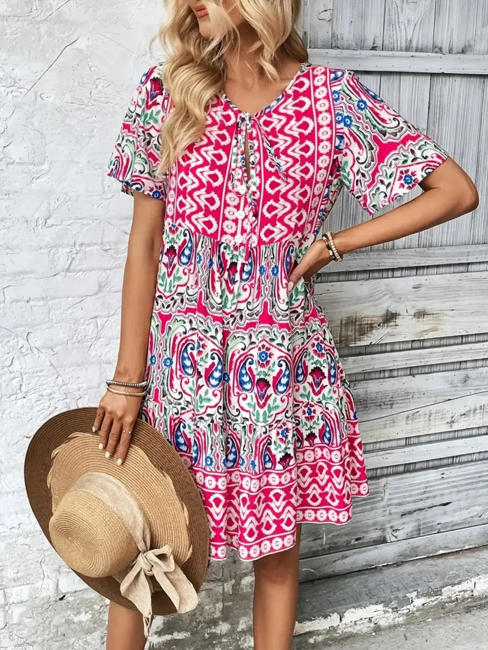 Fashorio Printed Tie Neck Short Sleeve Dress