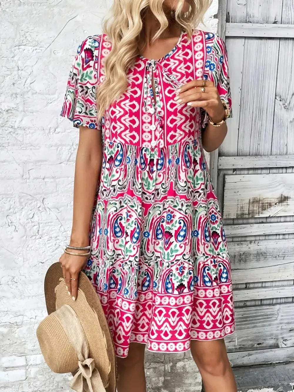 Fashorio Printed Tie Neck Short Sleeve Dress