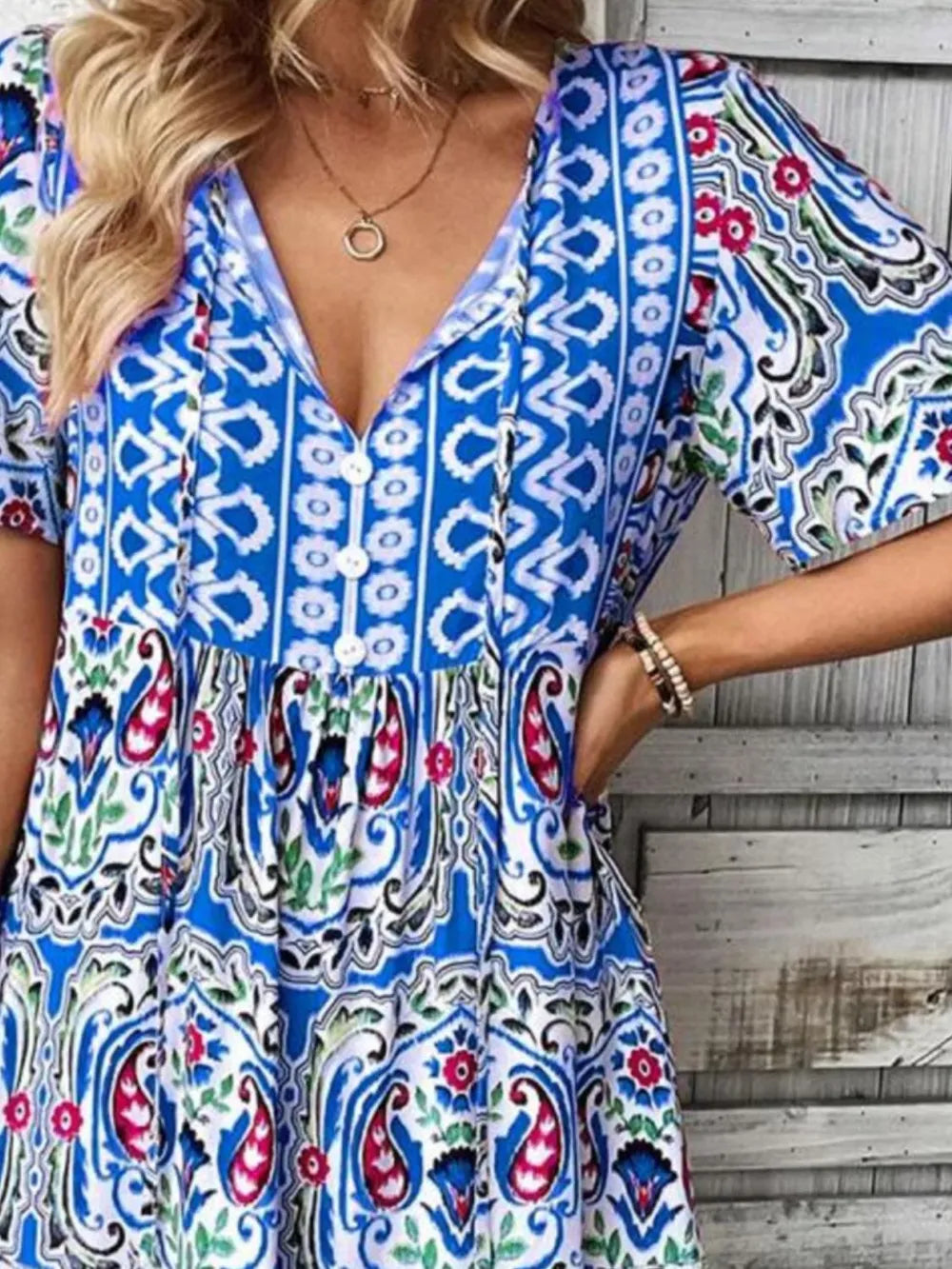 Fashorio Printed Tie Neck Short Sleeve Dress