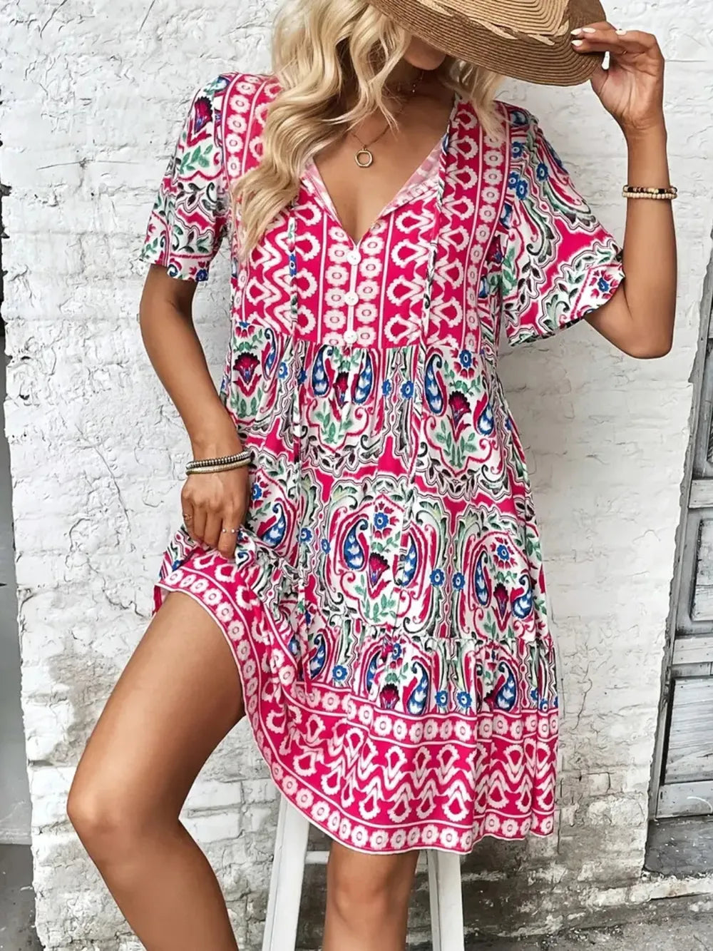 Fashorio Printed Tie Neck Short Sleeve Dress