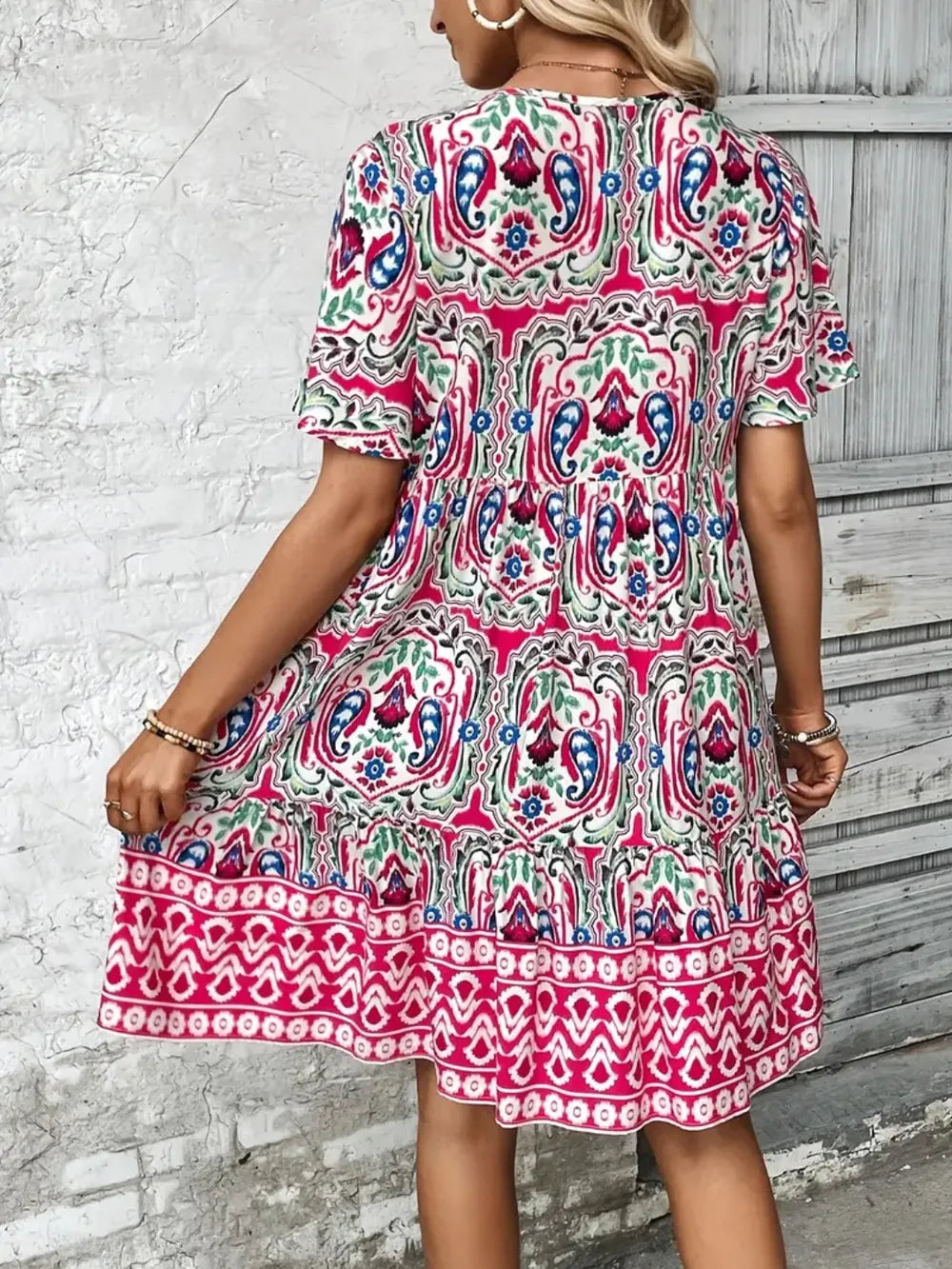Fashorio Printed Tie Neck Short Sleeve Dress