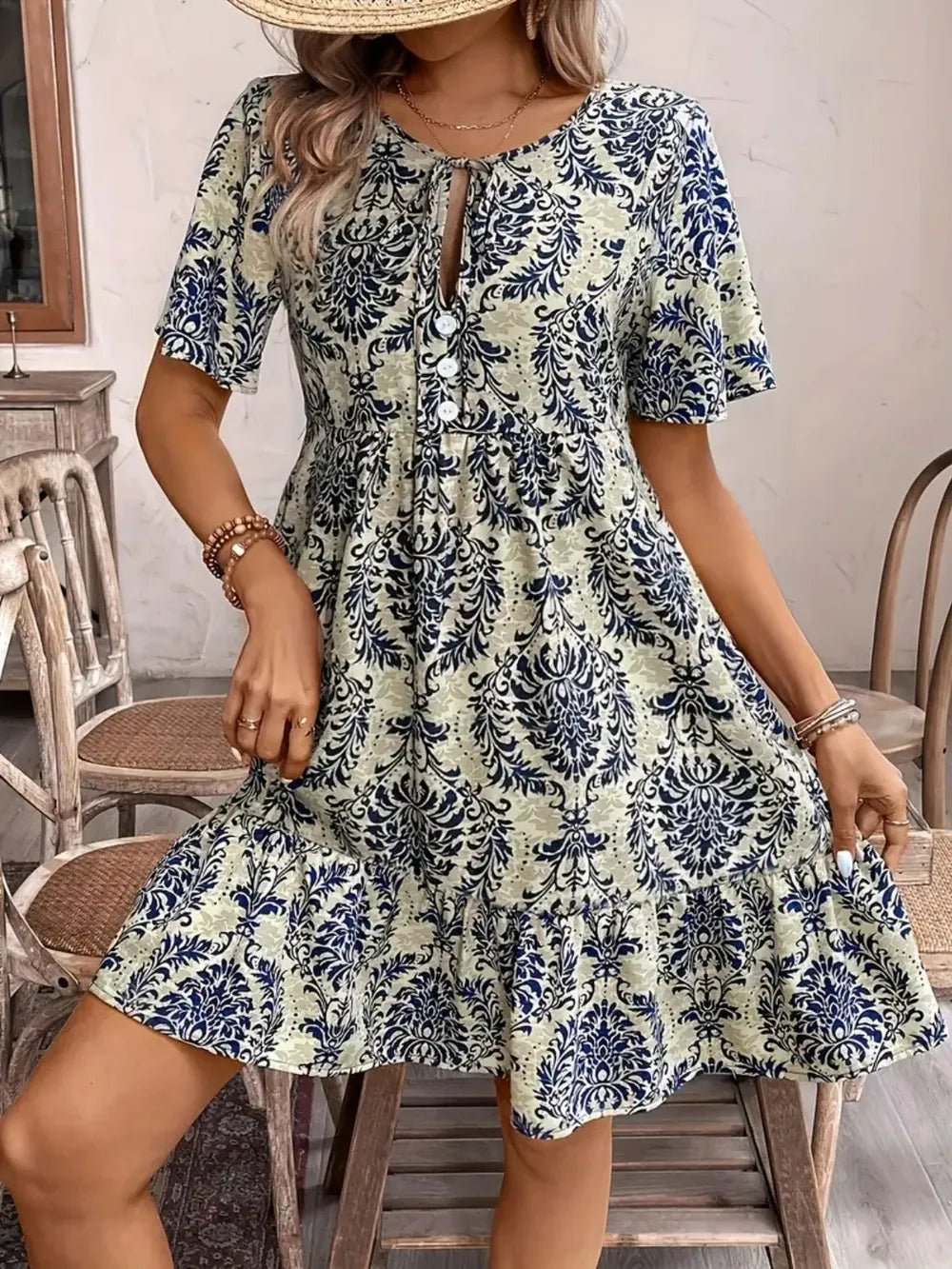 Fashorio Printed Tie Neck Short Sleeve Dress