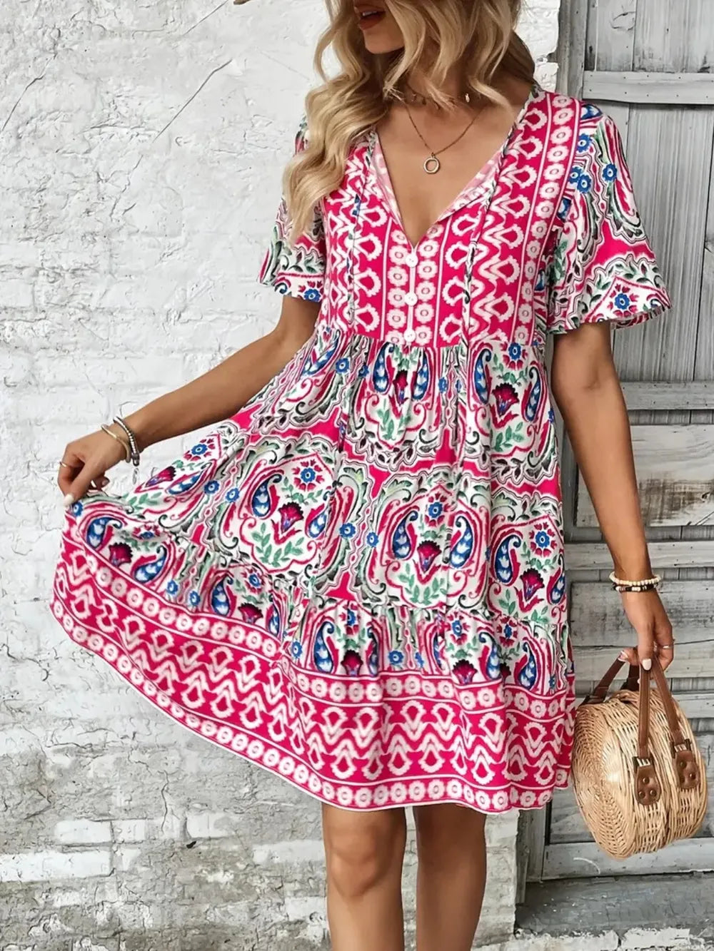 Fashorio Printed Tie Neck Short Sleeve Dress