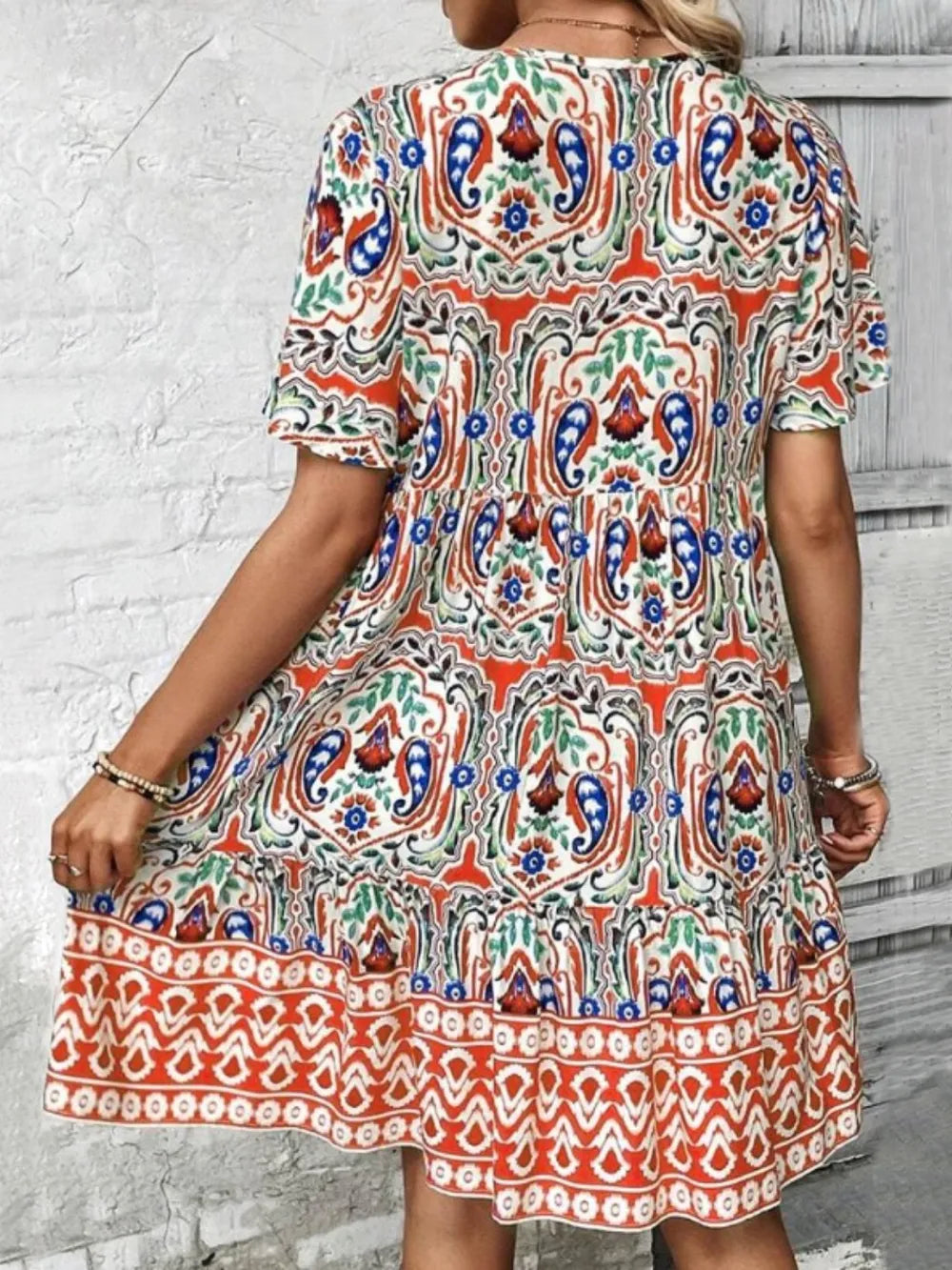 Fashorio Printed Tie Neck Short Sleeve Dress