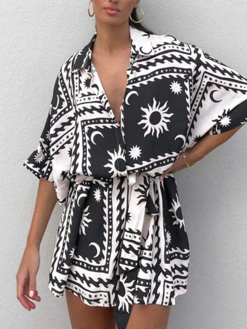 Fashorio Printed Tie Waist Half Sleeve Romper