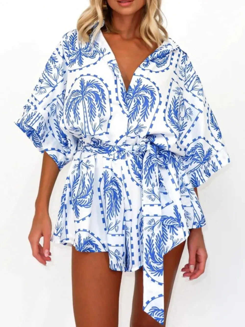 Fashorio Printed Tie Waist Half Sleeve Romper