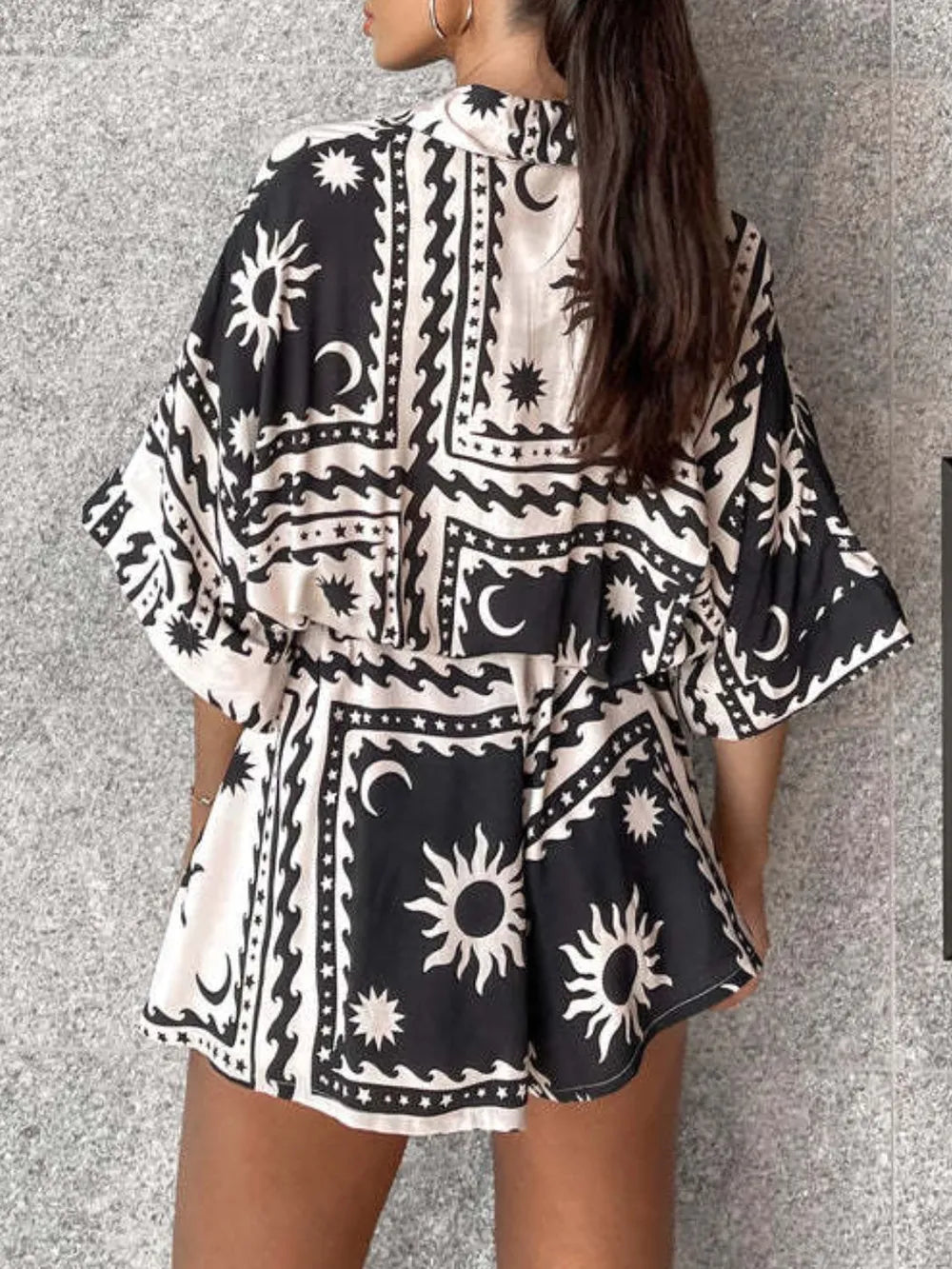 Fashorio Printed Tie Waist Half Sleeve Romper