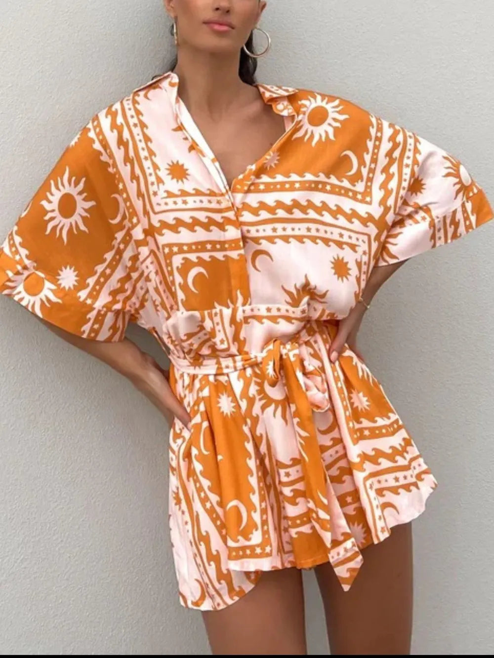 Fashorio Printed Tie Waist Half Sleeve Romper